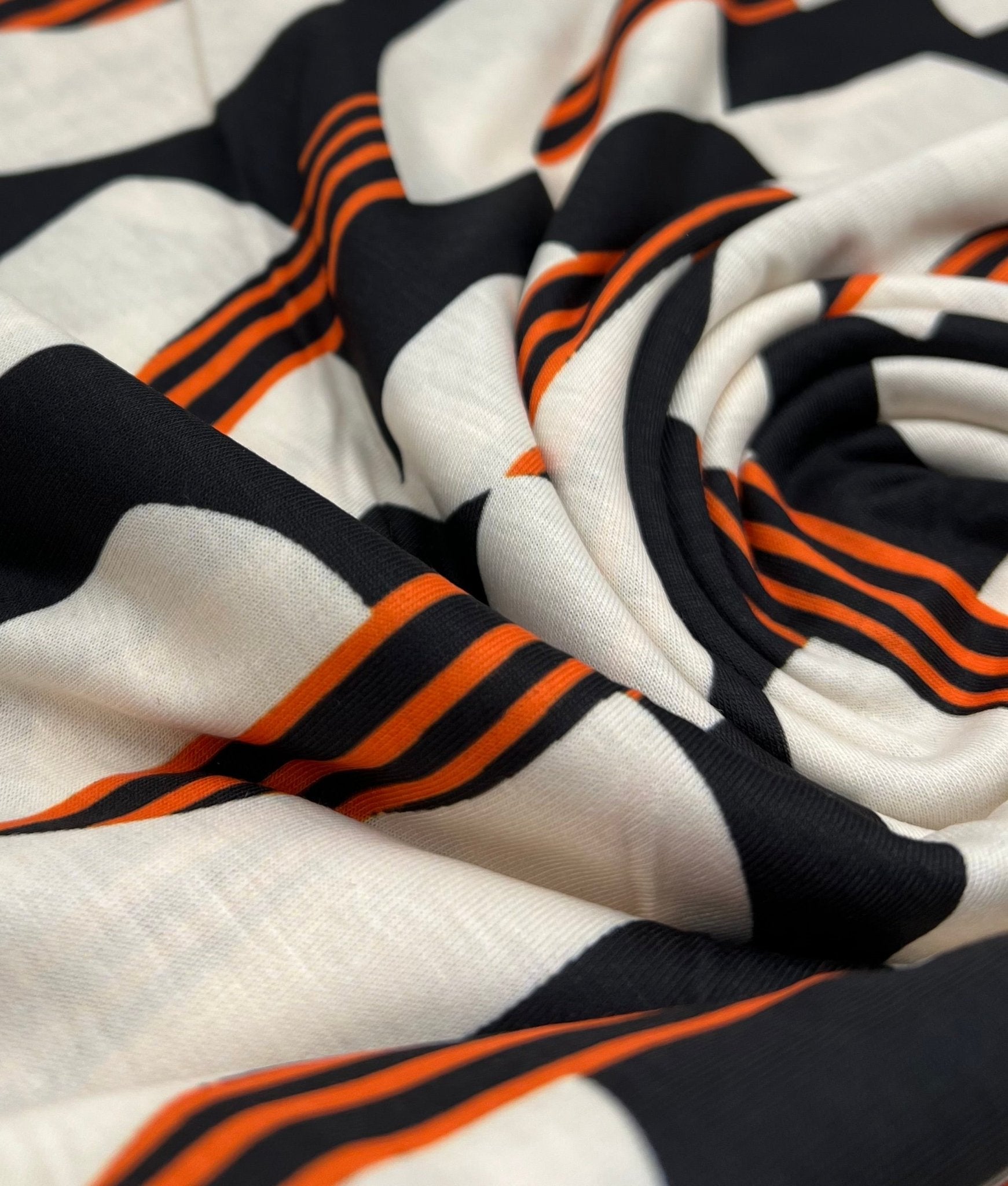 Orange Black Print Spun Poly Stretch Fabric - T9 Fabrics