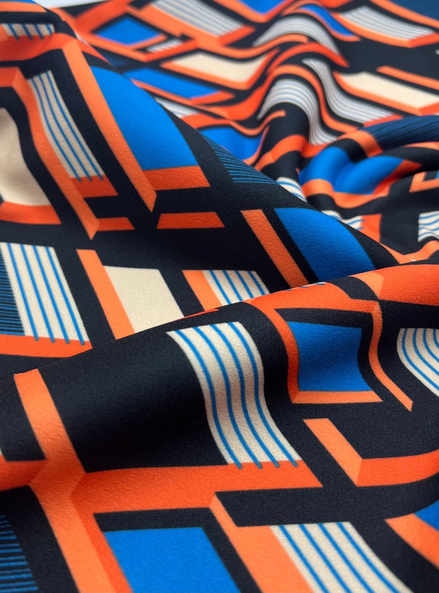 Orange Blue Geo Printed Scuba Crepe Jersey Fabric 4 Way Stretch - T9 Fabrics
