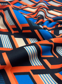 Orange Blue Geo Printed Scuba Crepe Jersey Fabric 4 Way Stretch - T9 Fabrics