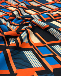 Orange Blue Geo Printed Scuba Crepe Jersey Fabric 4 Way Stretch - T9 Fabrics