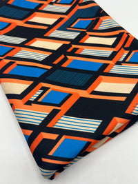 Orange Blue Geo Printed Scuba Crepe Jersey Fabric 4 Way Stretch - T9 Fabrics