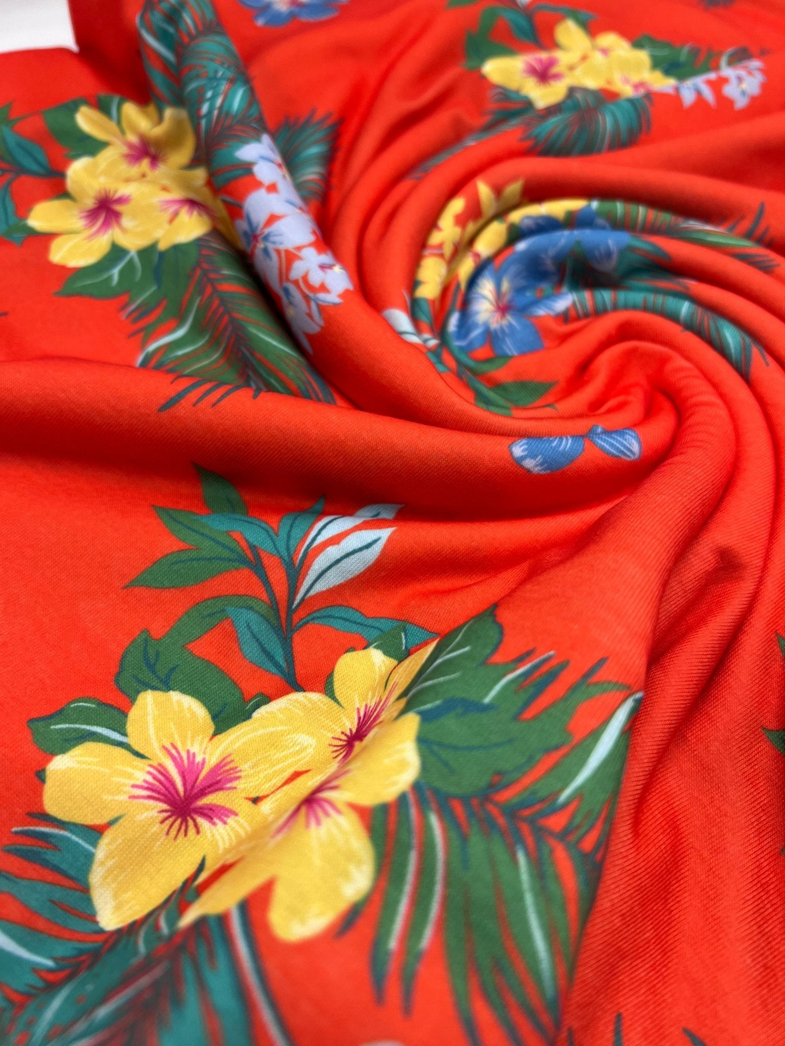 Orange Floral Print Viscose Elastane Fabric - T9 Fabrics