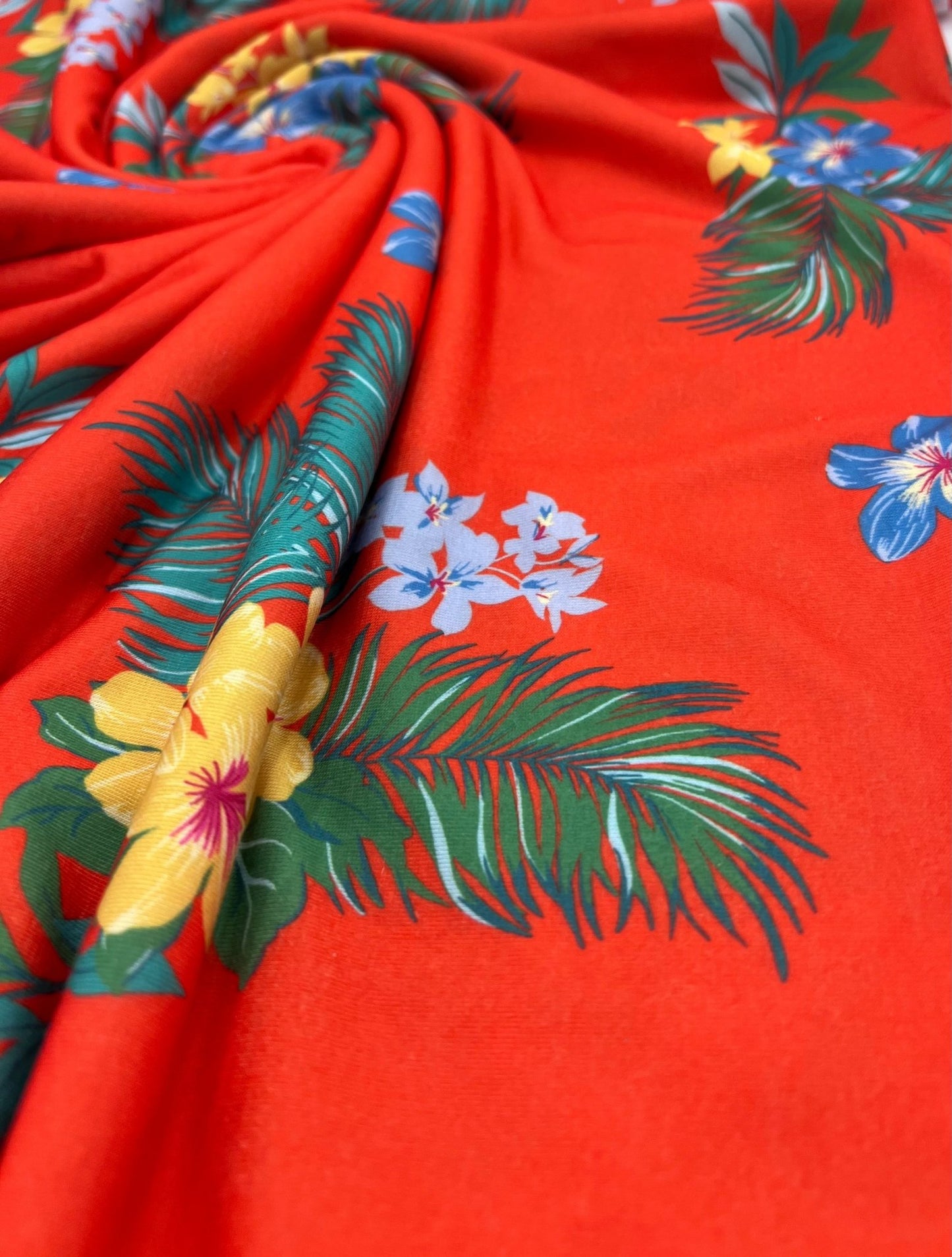 Orange Floral Print Viscose Elastane Fabric - T9 Fabrics