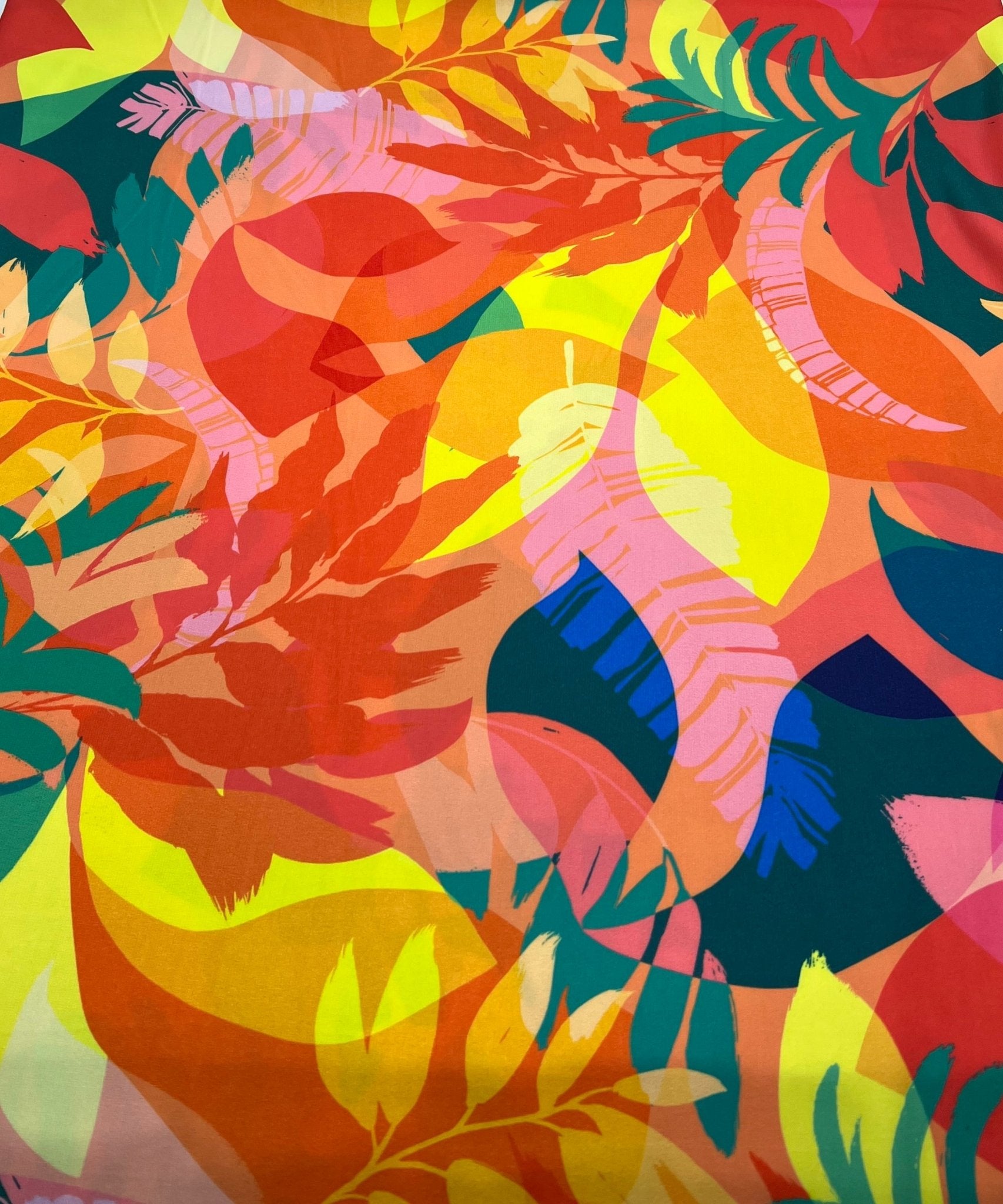 Orange Green Yellow Leaf Print ITY Fabric 4 Way Stretch - T9 Fabrics