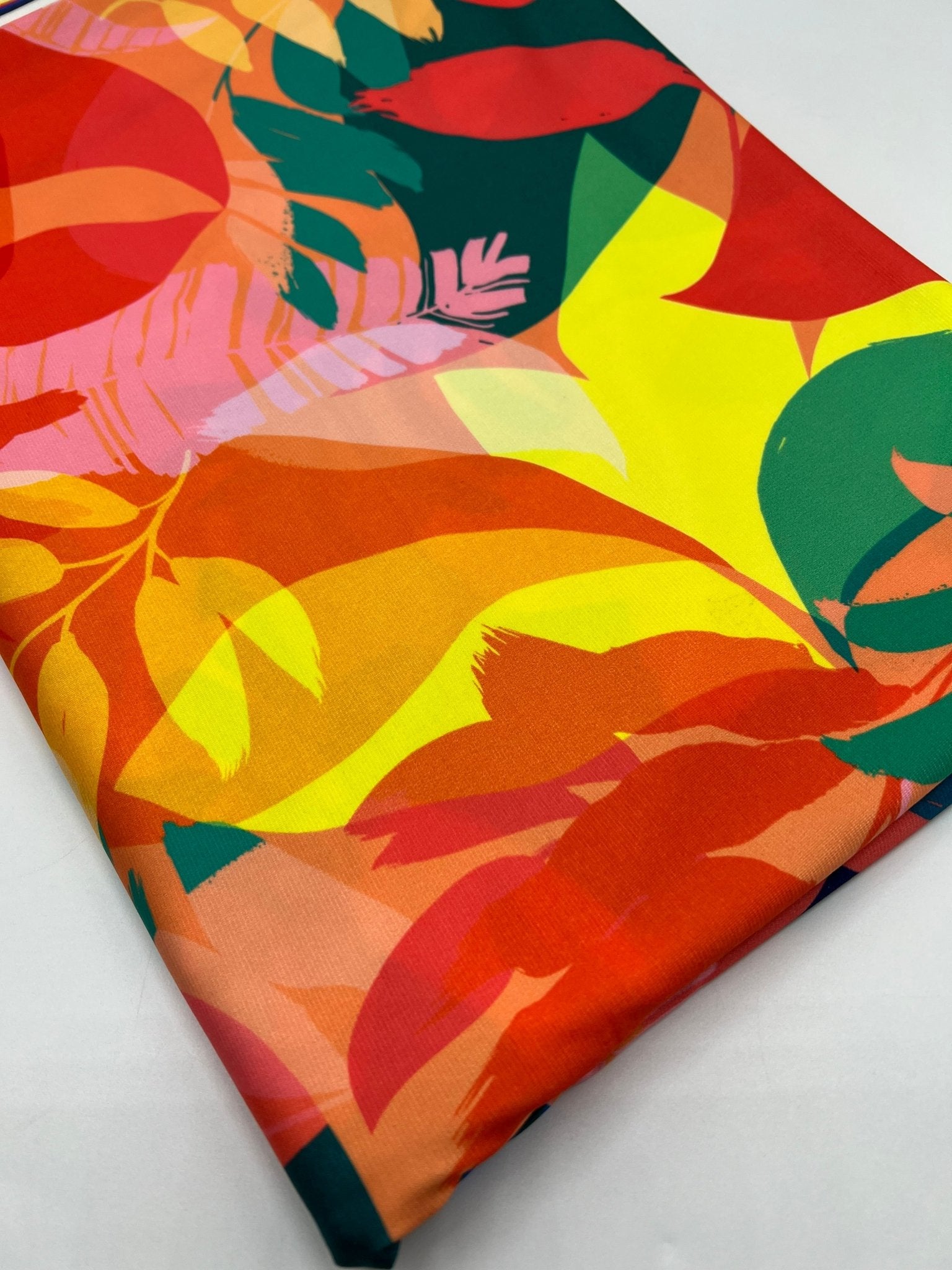 Orange Green Yellow Leaf Print ITY Fabric 4 Way Stretch - T9 Fabrics