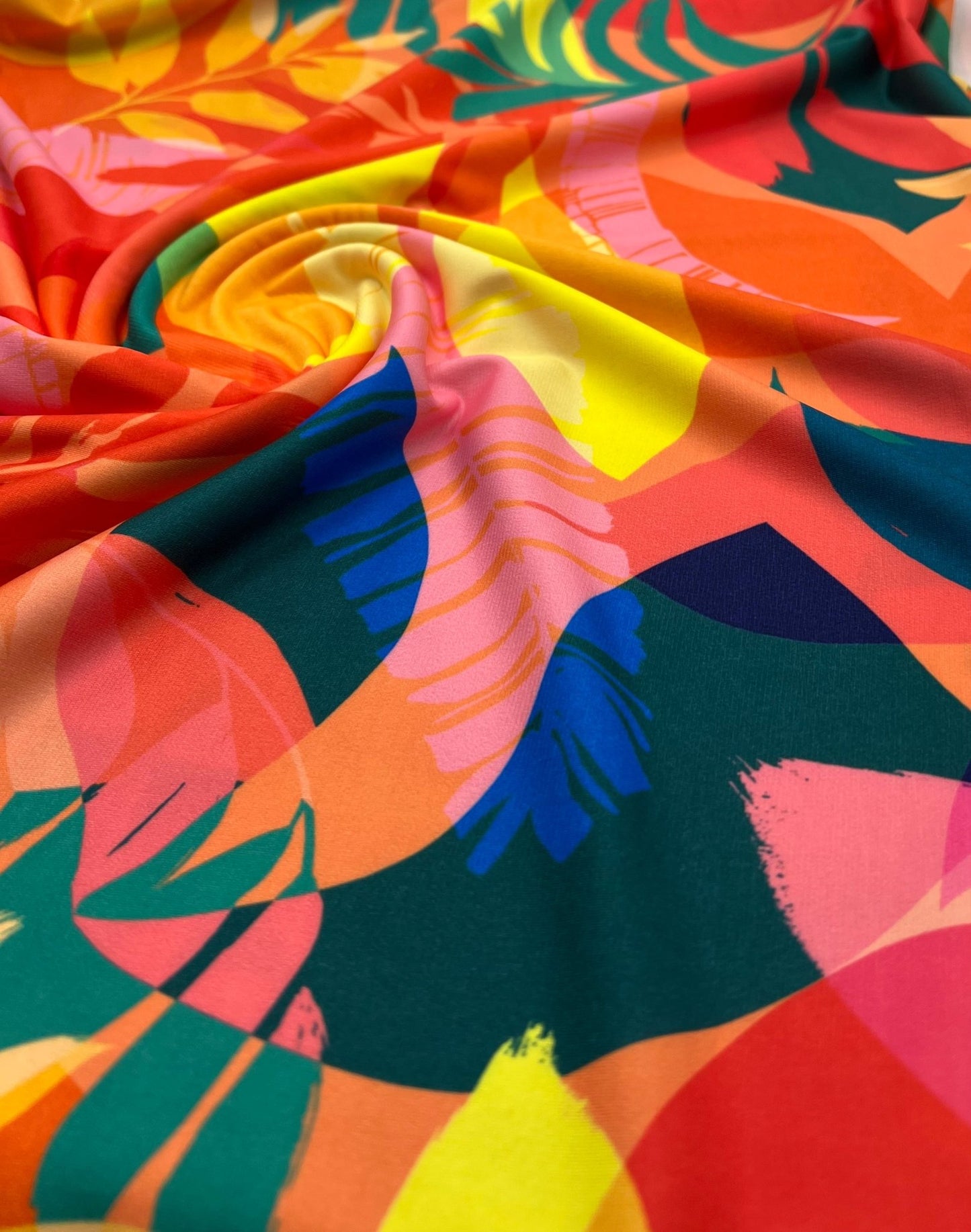 Orange Green Yellow Leaf Print ITY Fabric 4 Way Stretch - T9 Fabrics