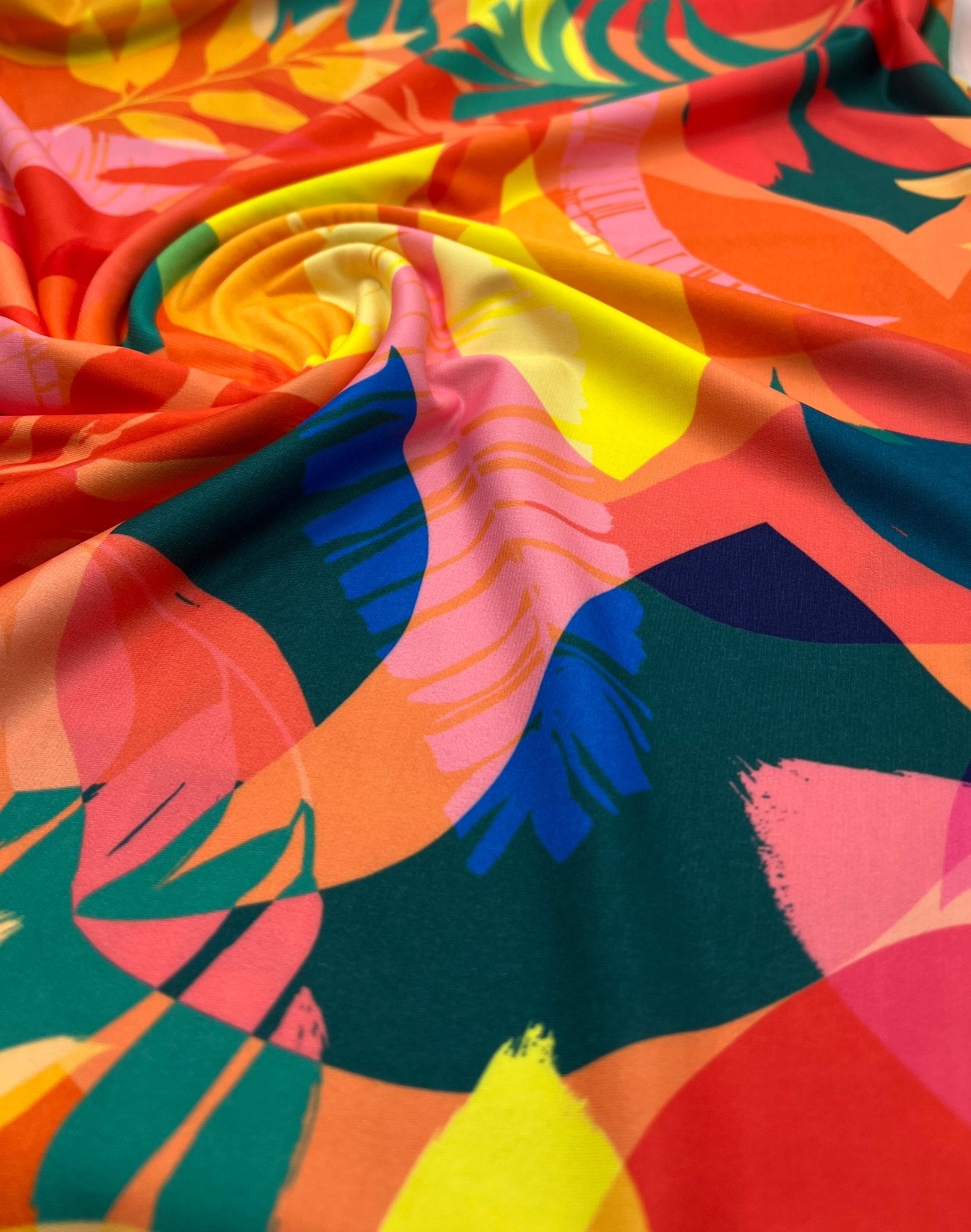 Orange Green Yellow Leaf Print ITY Fabric 4 Way Stretch - T9 Fabrics