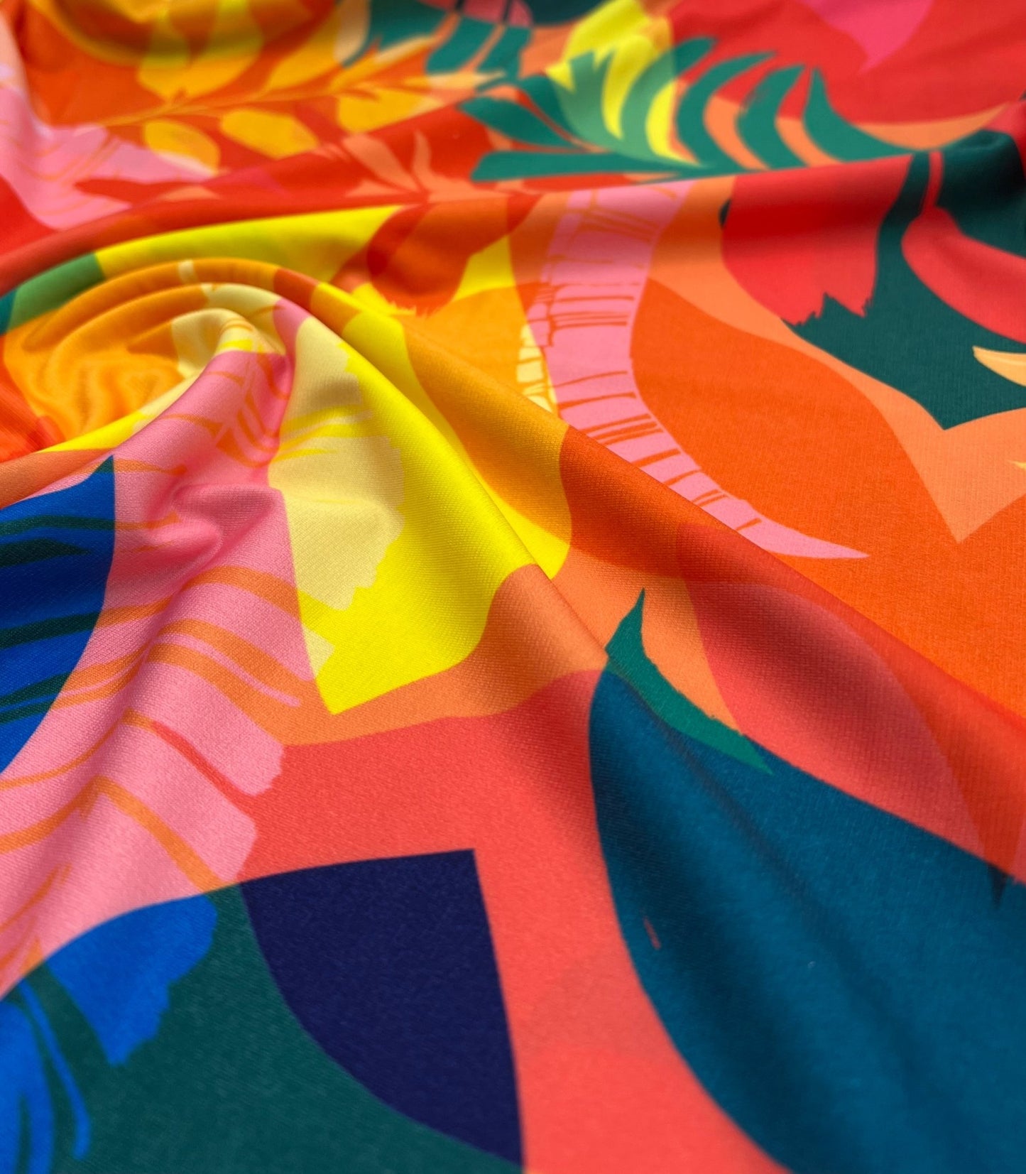 Orange Green Yellow Leaf Print ITY Fabric 4 Way Stretch - T9 Fabrics