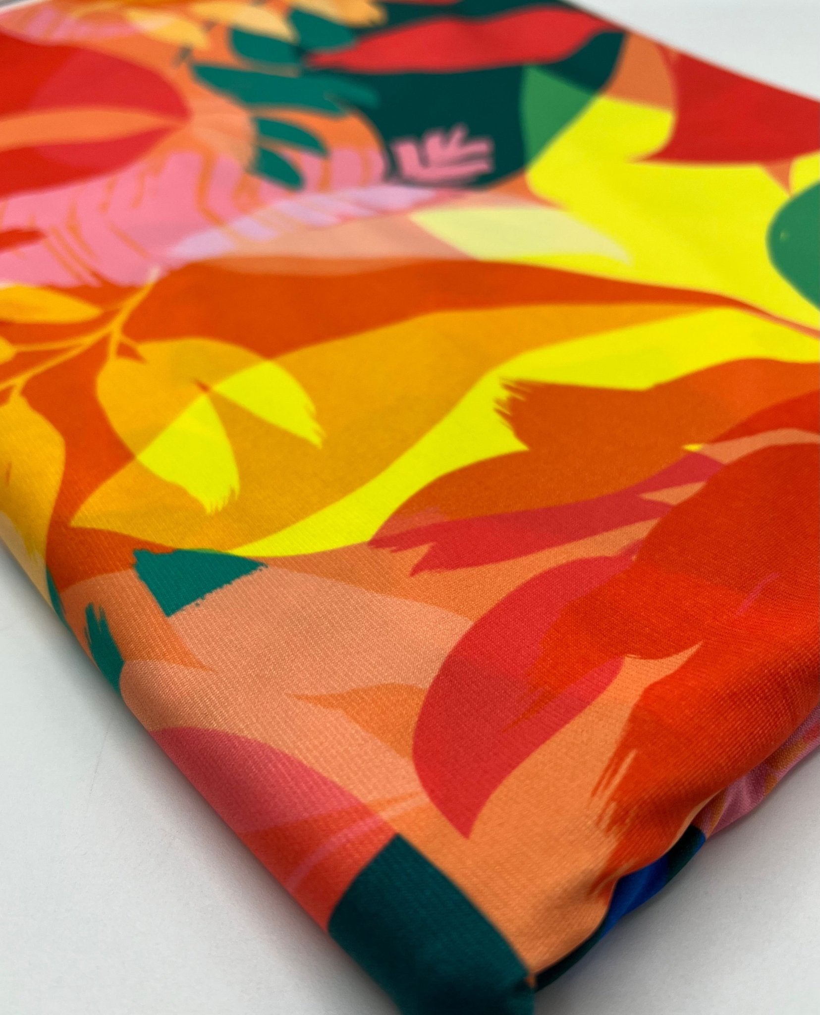 Orange Green Yellow Leaf Print ITY Fabric 4 Way Stretch - T9 Fabrics