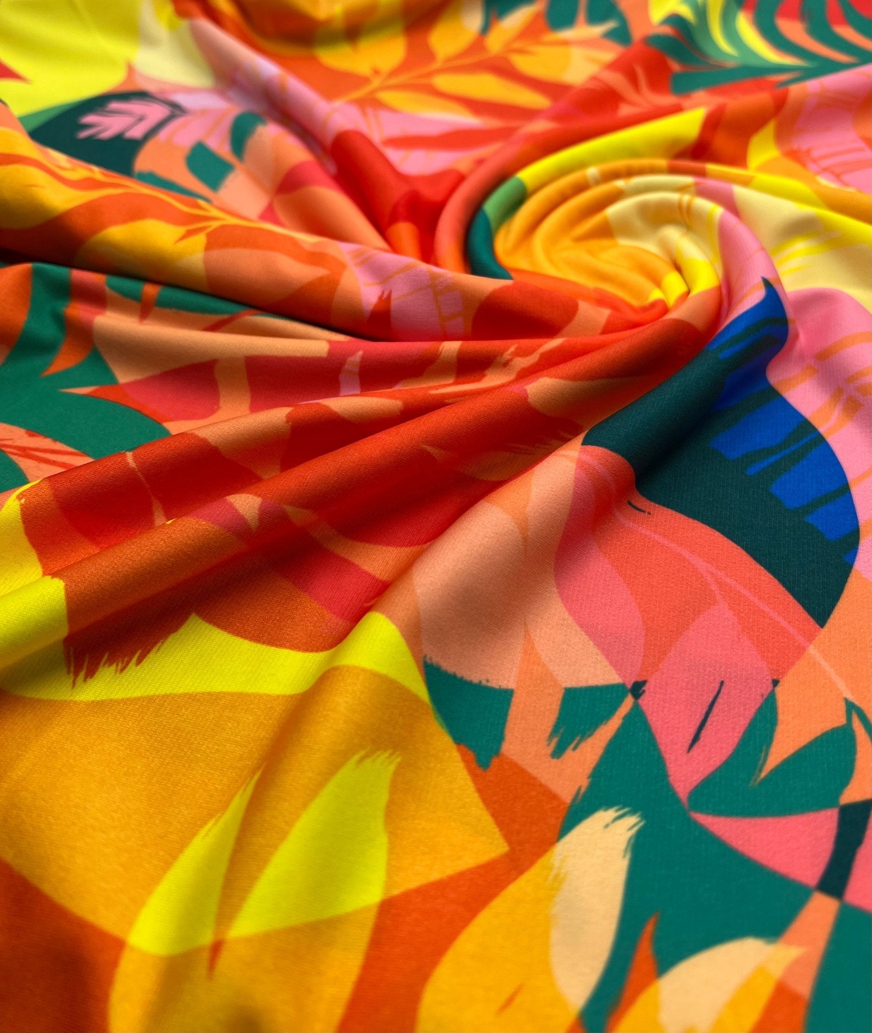Orange Green Yellow Leaf Print ITY Fabric 4 Way Stretch - T9 Fabrics