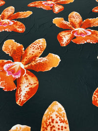 Orange Large Floral Print Spun Poly Stretch Fabric - T9 Fabrics