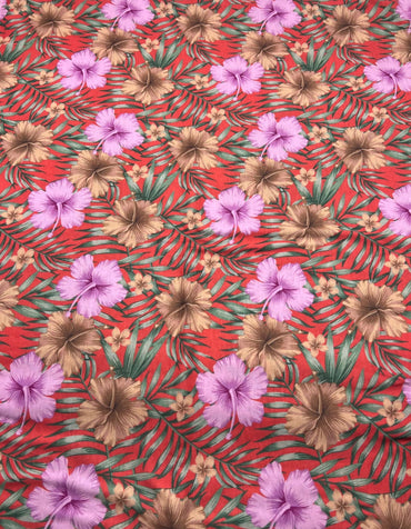 Orange Lilac Flower Print Spun Poly Stretch Fabric - T9 Fabrics