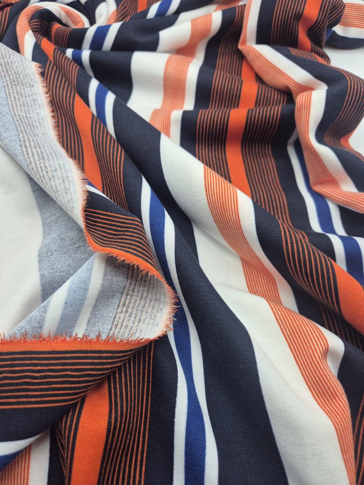 Orange Navy White Stripe Ponte Fabric - T9 Fabrics