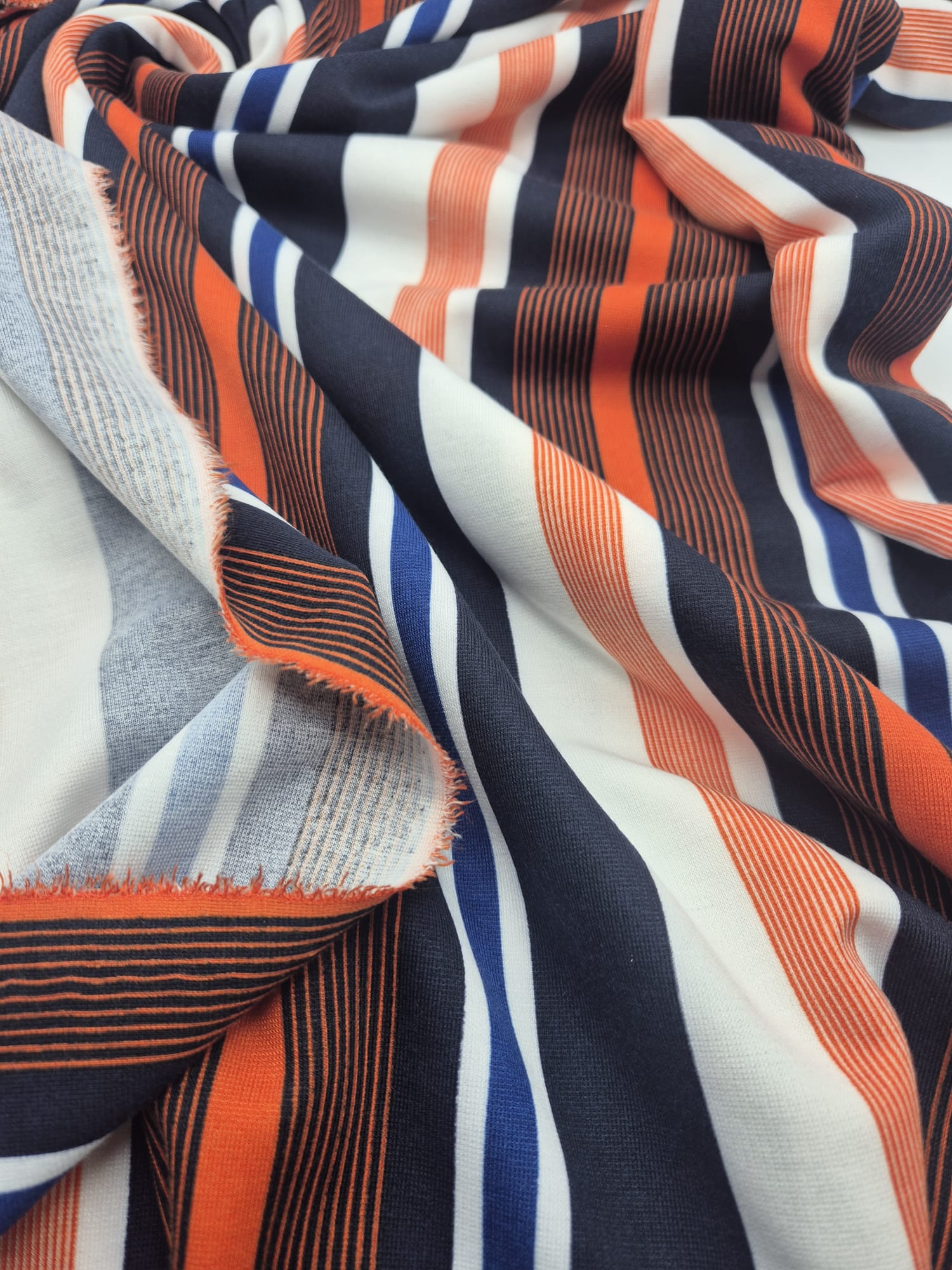 Orange Navy White Stripe Ponte Fabric - T9 Fabrics