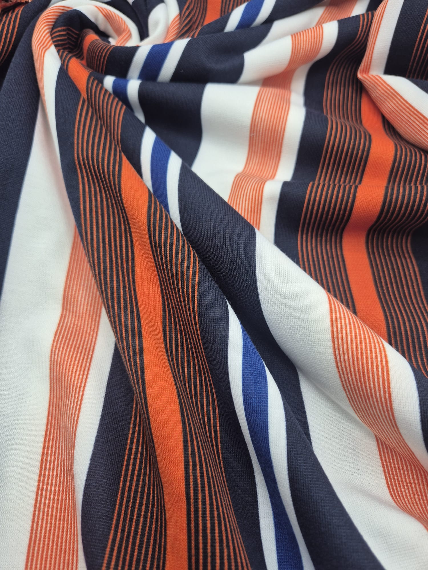 Orange Navy White Stripe Ponte Fabric - T9 Fabrics