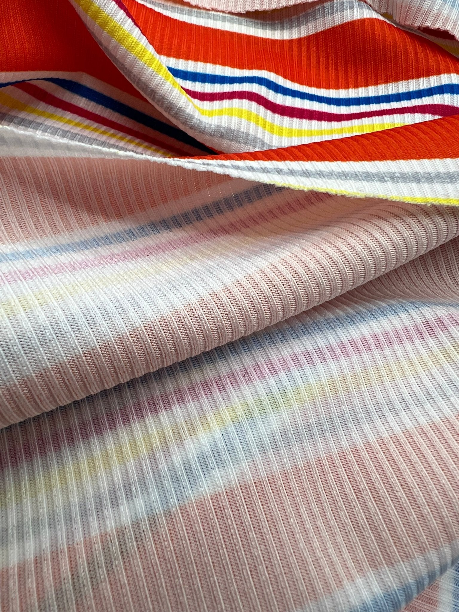 Orange Stripe Print 2X1 Fine Rib Stretch Fabric - T9 Fabrics