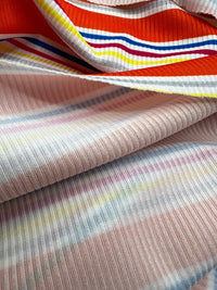 Orange Stripe Print 2X1 Fine Rib Stretch Fabric - T9 Fabrics