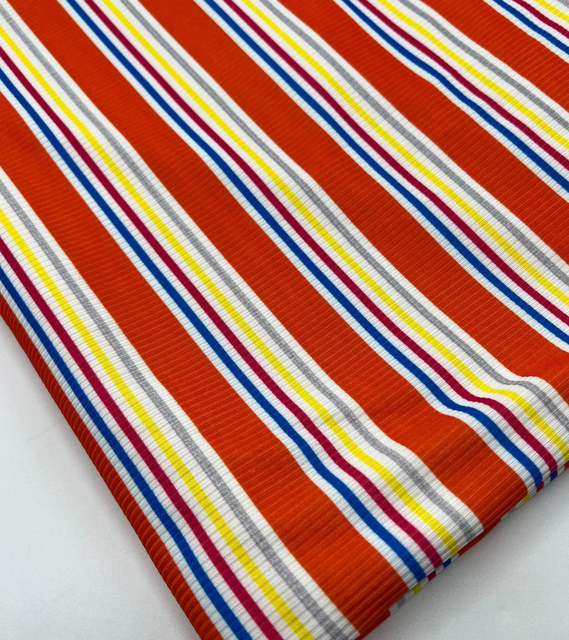 Orange Stripe Print 2X1 Fine Rib Stretch Fabric - T9 Fabrics