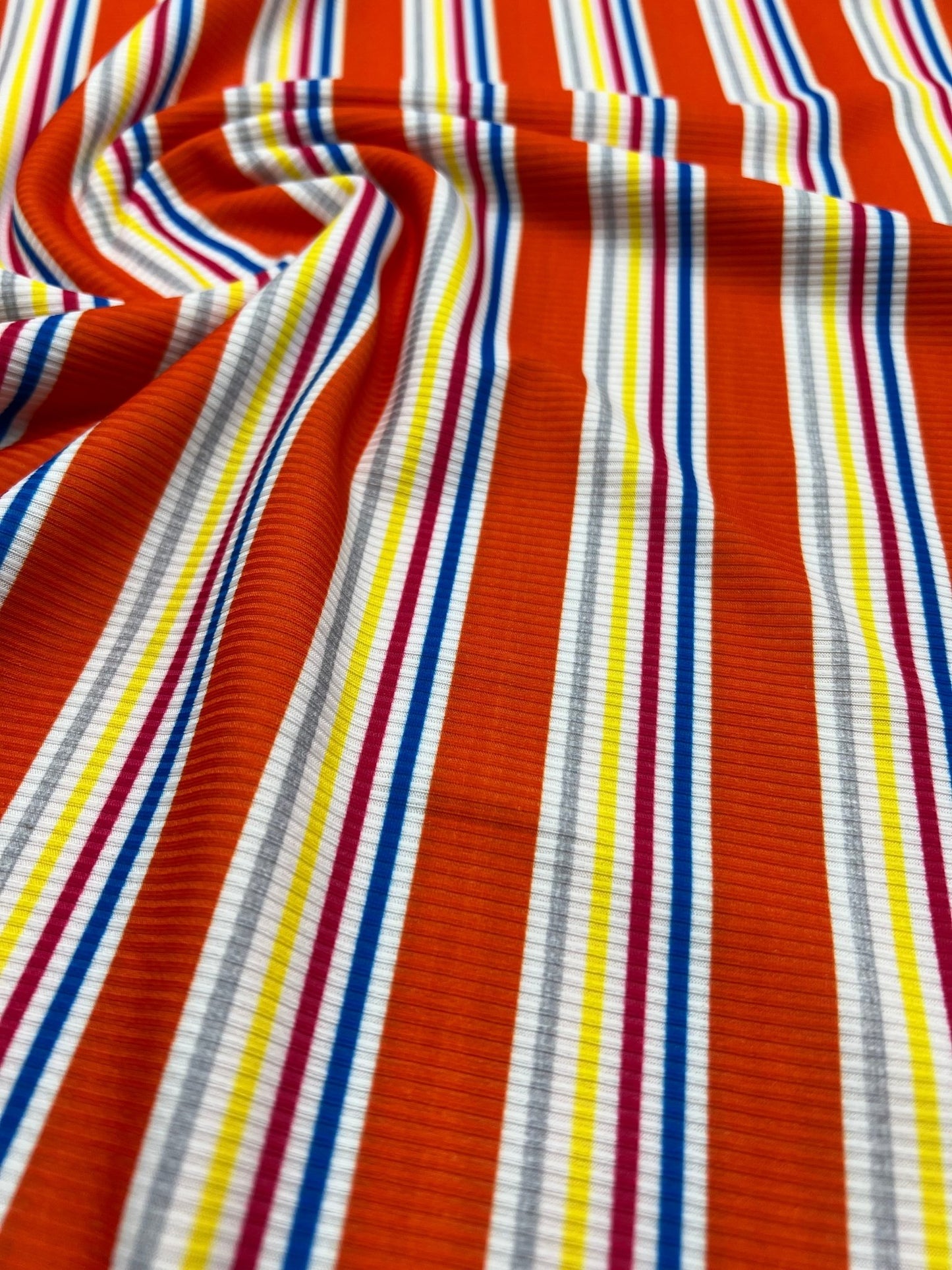 Orange Stripe Print 2X1 Fine Rib Stretch Fabric - T9 Fabrics