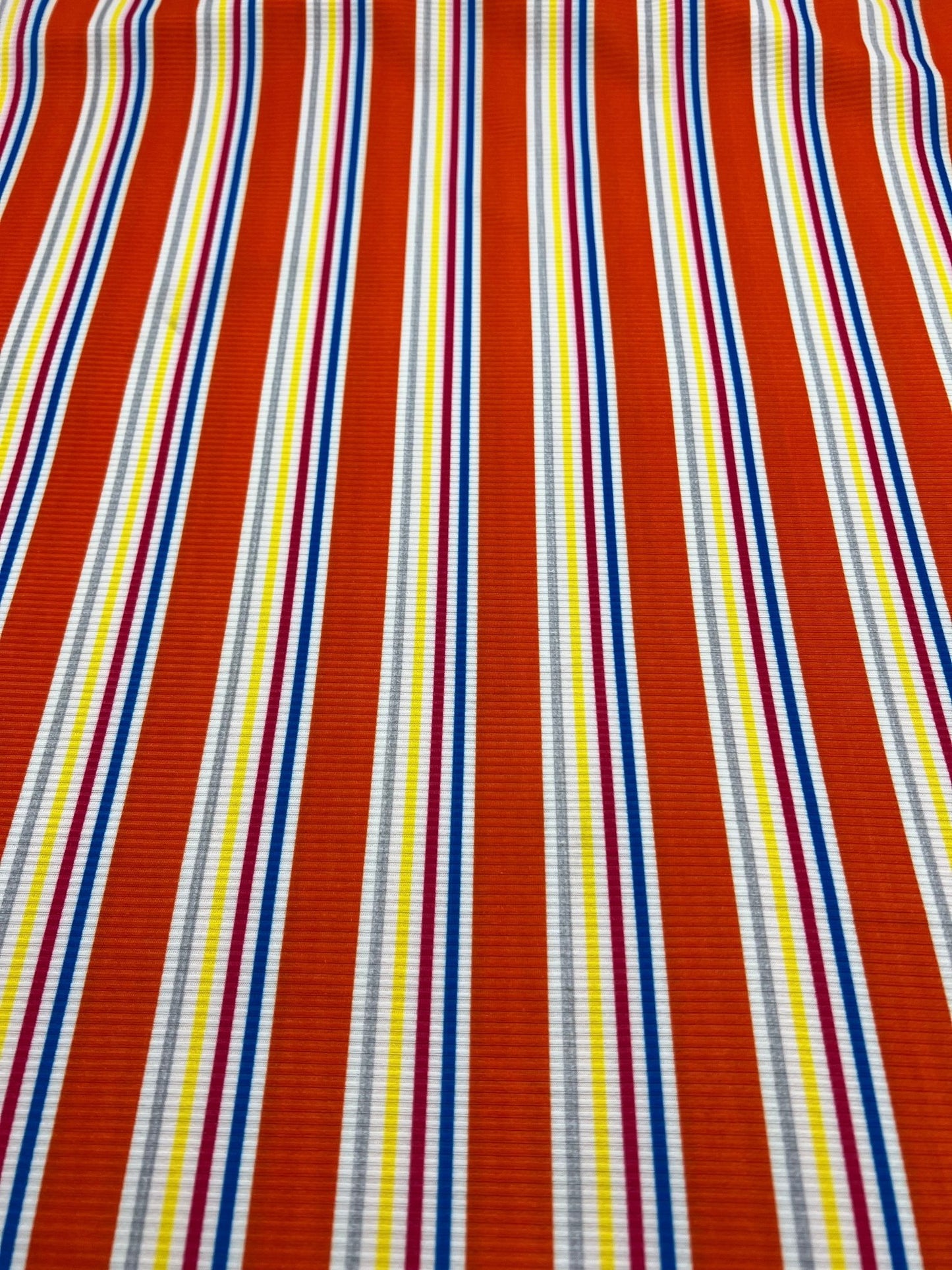 Orange Stripe Print 2X1 Fine Rib Stretch Fabric - T9 Fabrics