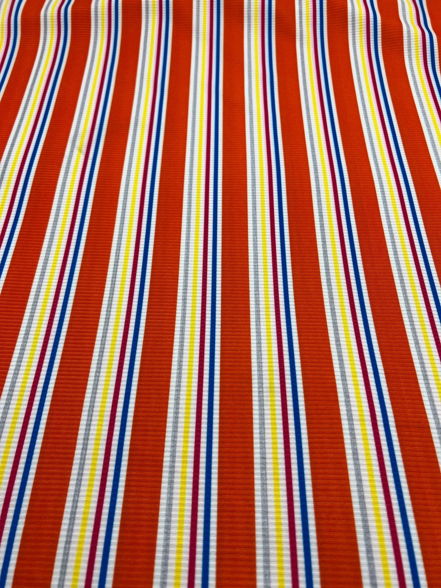 Orange Stripe Print 2X1 Fine Rib Stretch Fabric - T9 Fabrics