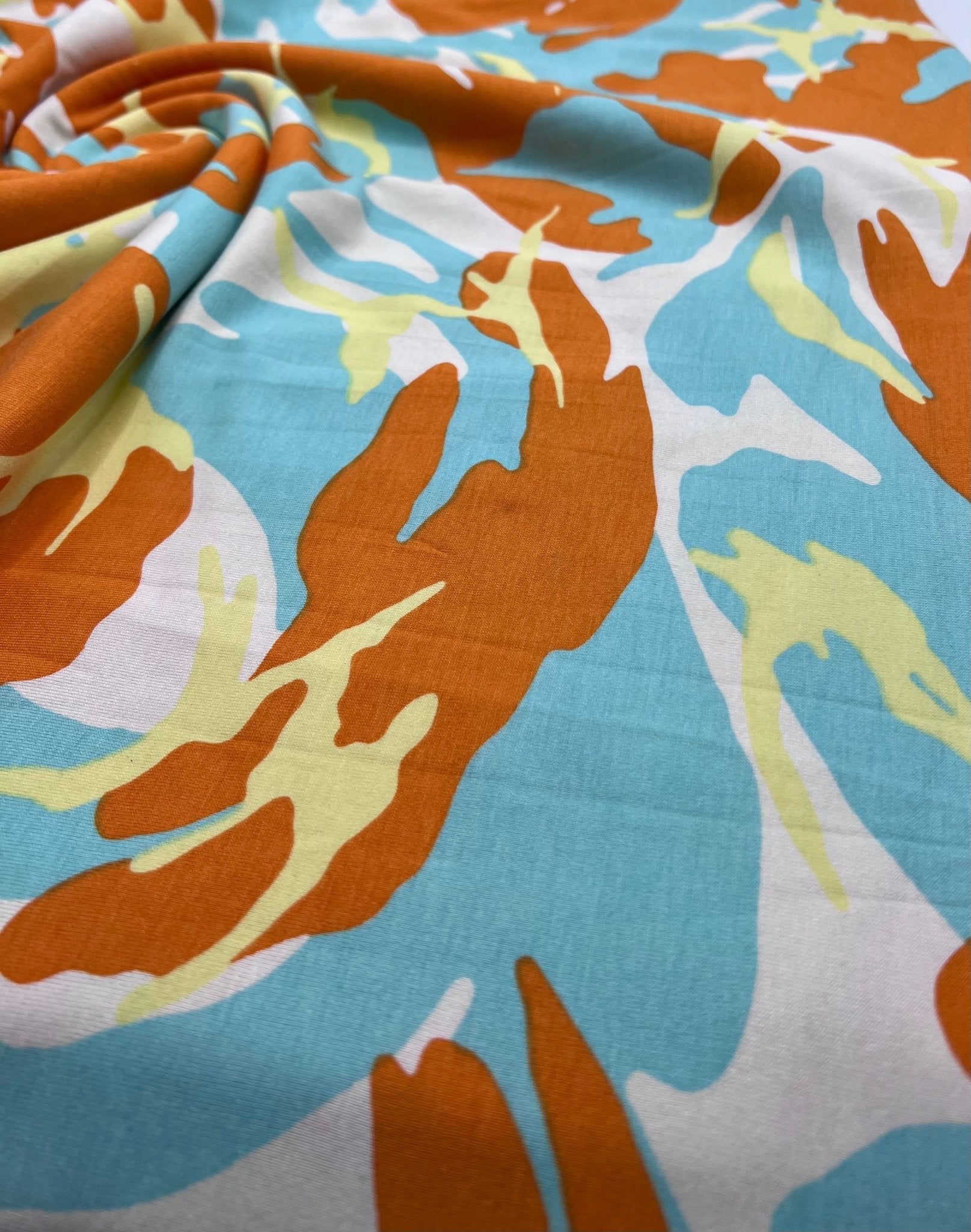 Orange Turq Camo Mix Print Viscose Elastane Fabric - T9 Fabrics