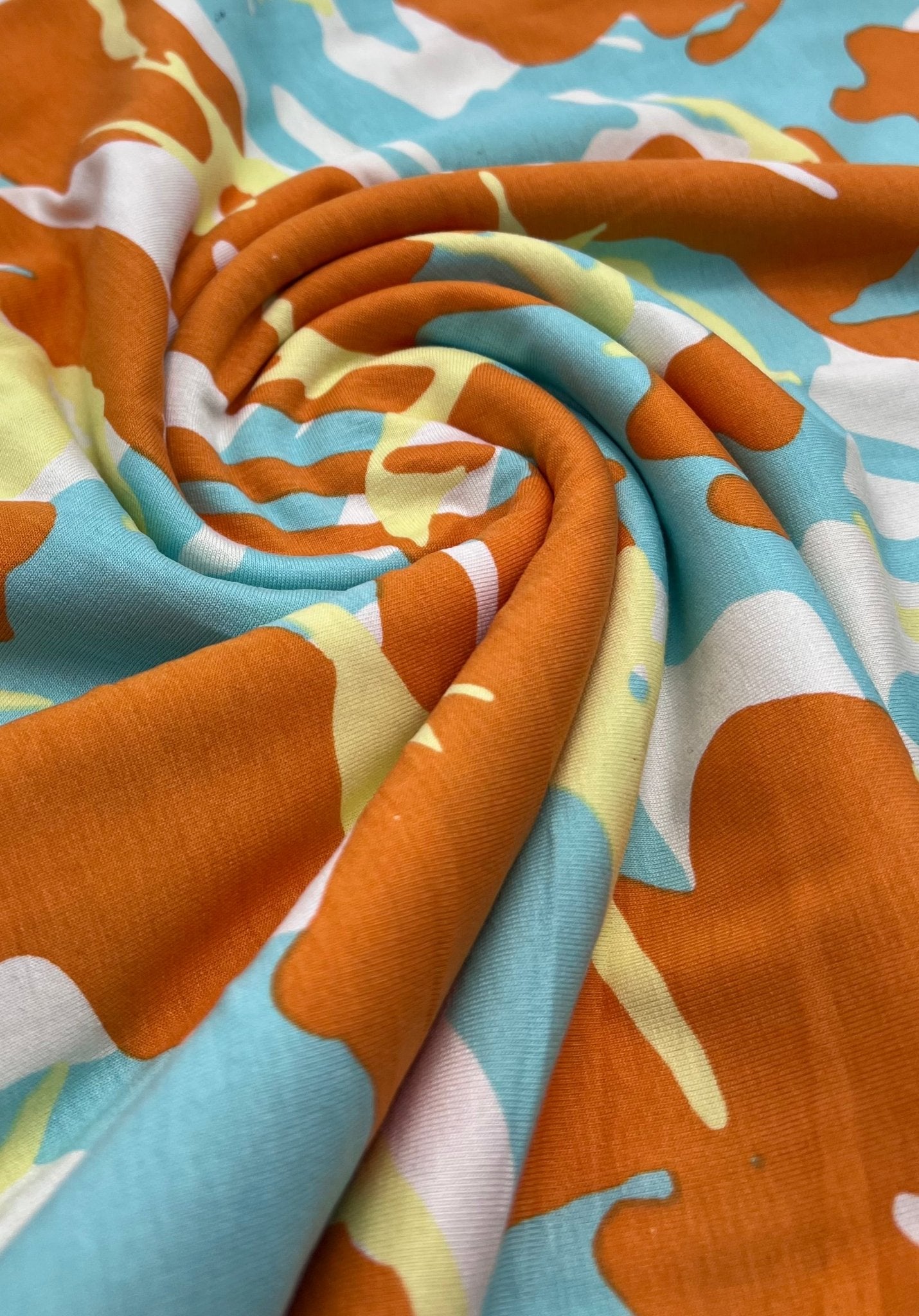 Orange Turq Camo Mix Print Viscose Elastane Fabric - T9 Fabrics