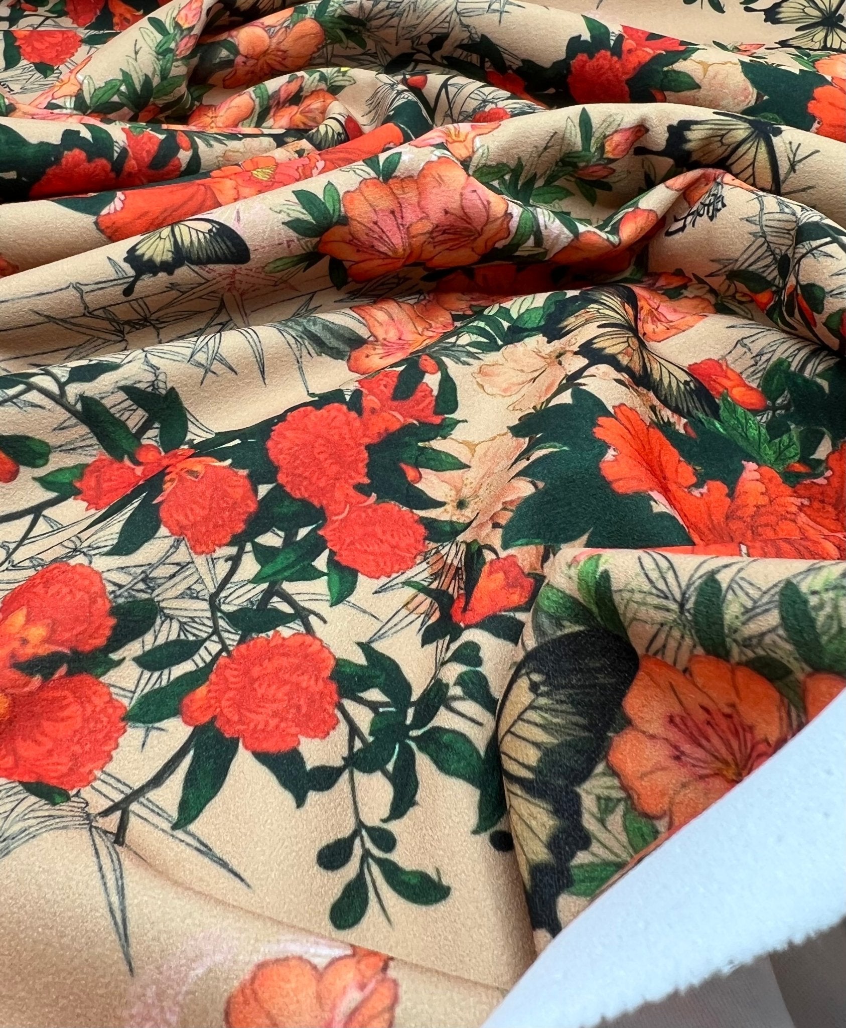 Oriental Butterfly Floral Printed Scuba Crepe Jersey Fabric 4 Way Stretch - T9 Fabrics