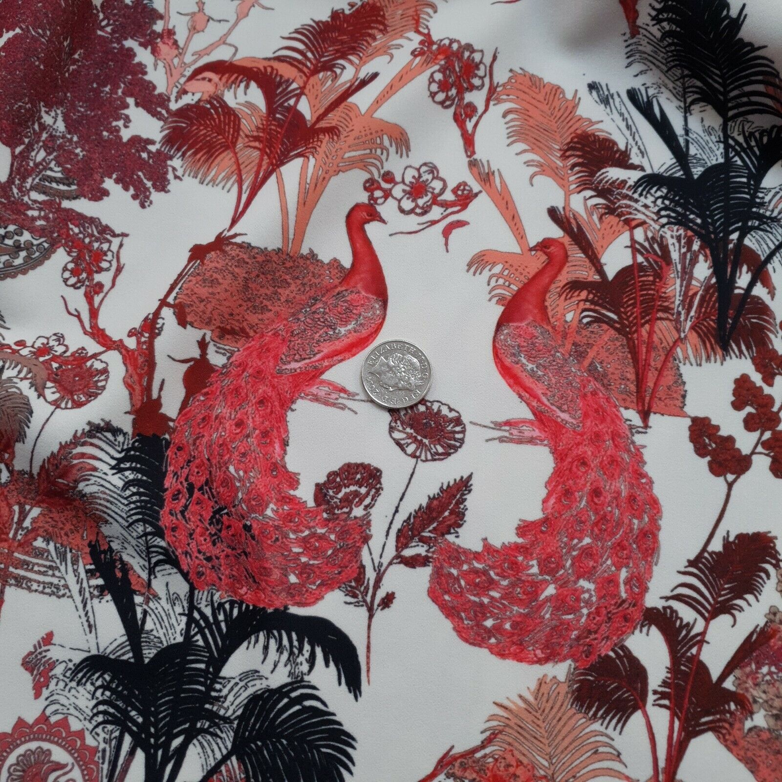 Oriental Peacock Printed Scuba Crepe Jersey Fabric 4 Way Stretch - T9 Fabrics