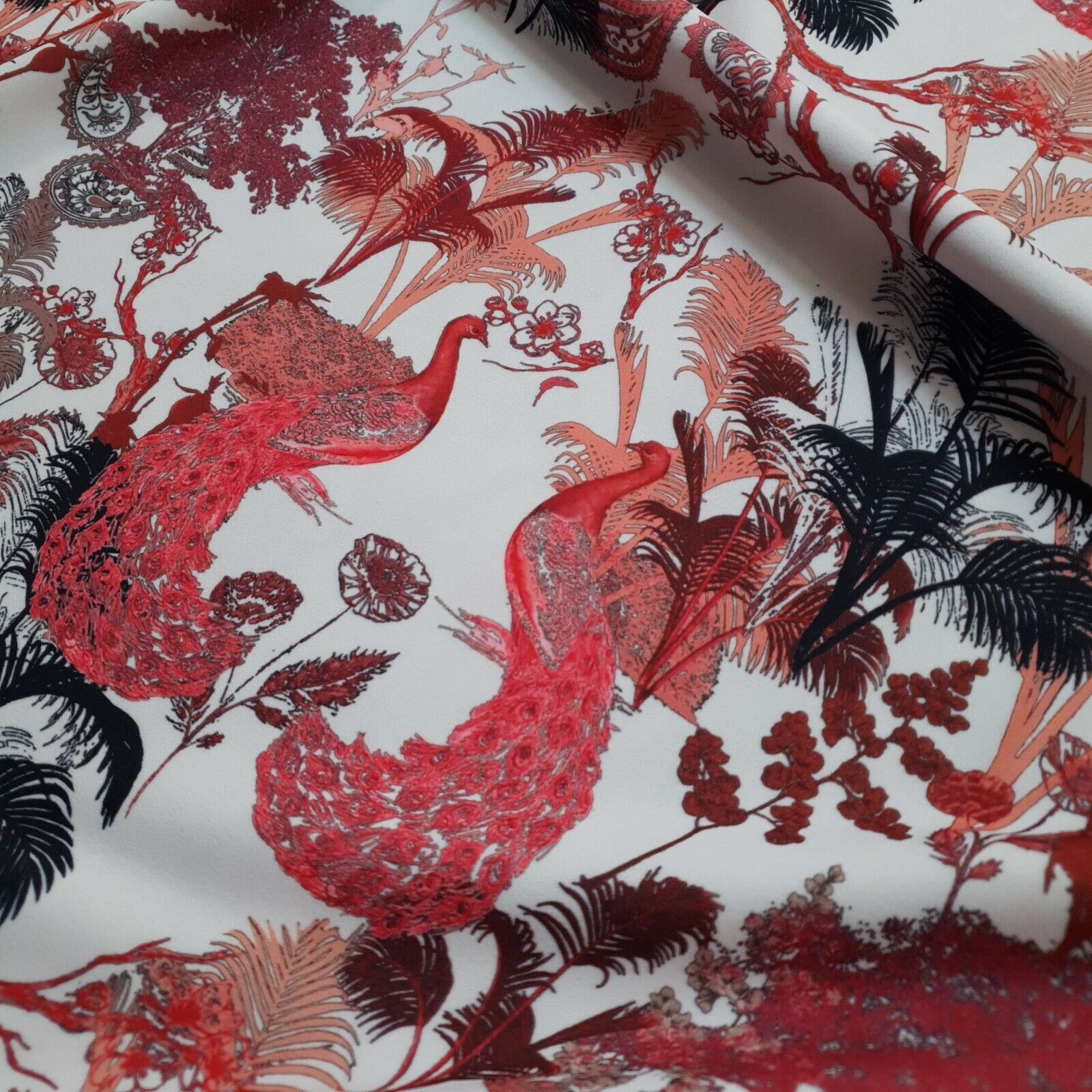 Oriental Peacock Printed Scuba Crepe Jersey Fabric 4 Way Stretch - T9 Fabrics