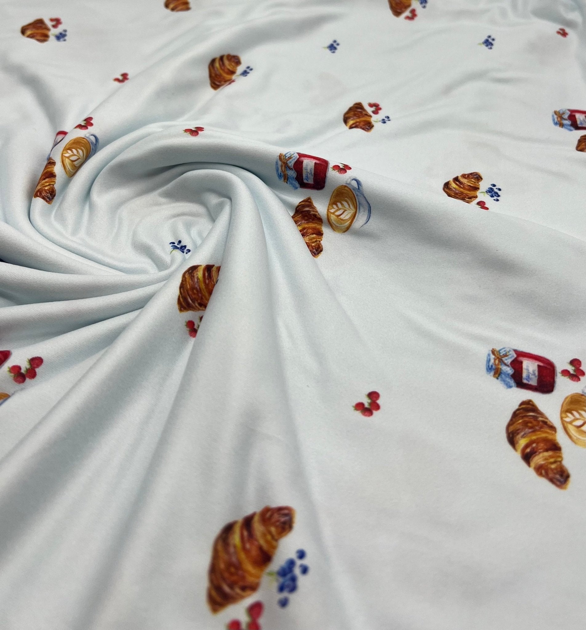Pale Blue Croissant Jam Super Soft Print Spun Poly Stretch Fabric - T9 Fabrics