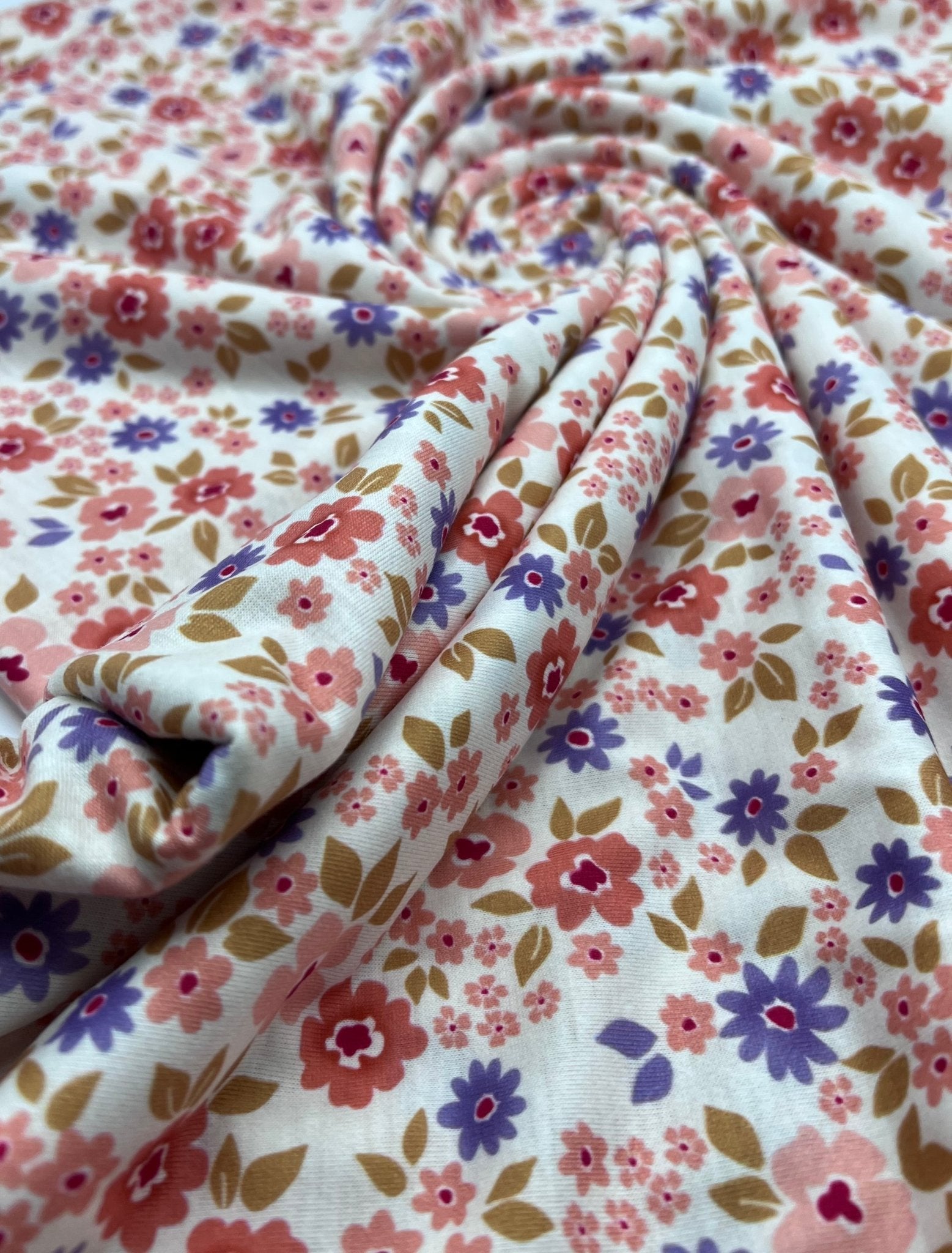 Pale Orange Ditsy Flower Print Spun Poly Stretch Fabric - T9 Fabrics