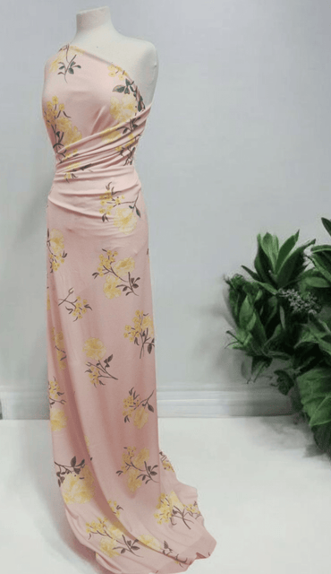 Pale Pink & Yellow Floral Print Lightweight Jersey Crepe Fabric 4 Way Stretch - T9 Fabrics