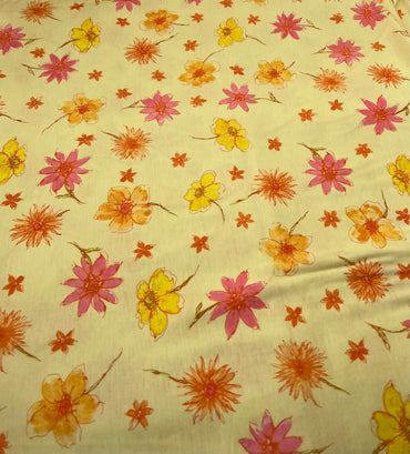 Pale Yellow Floral Print Spun Poly Stretch Fabric - T9 Fabrics