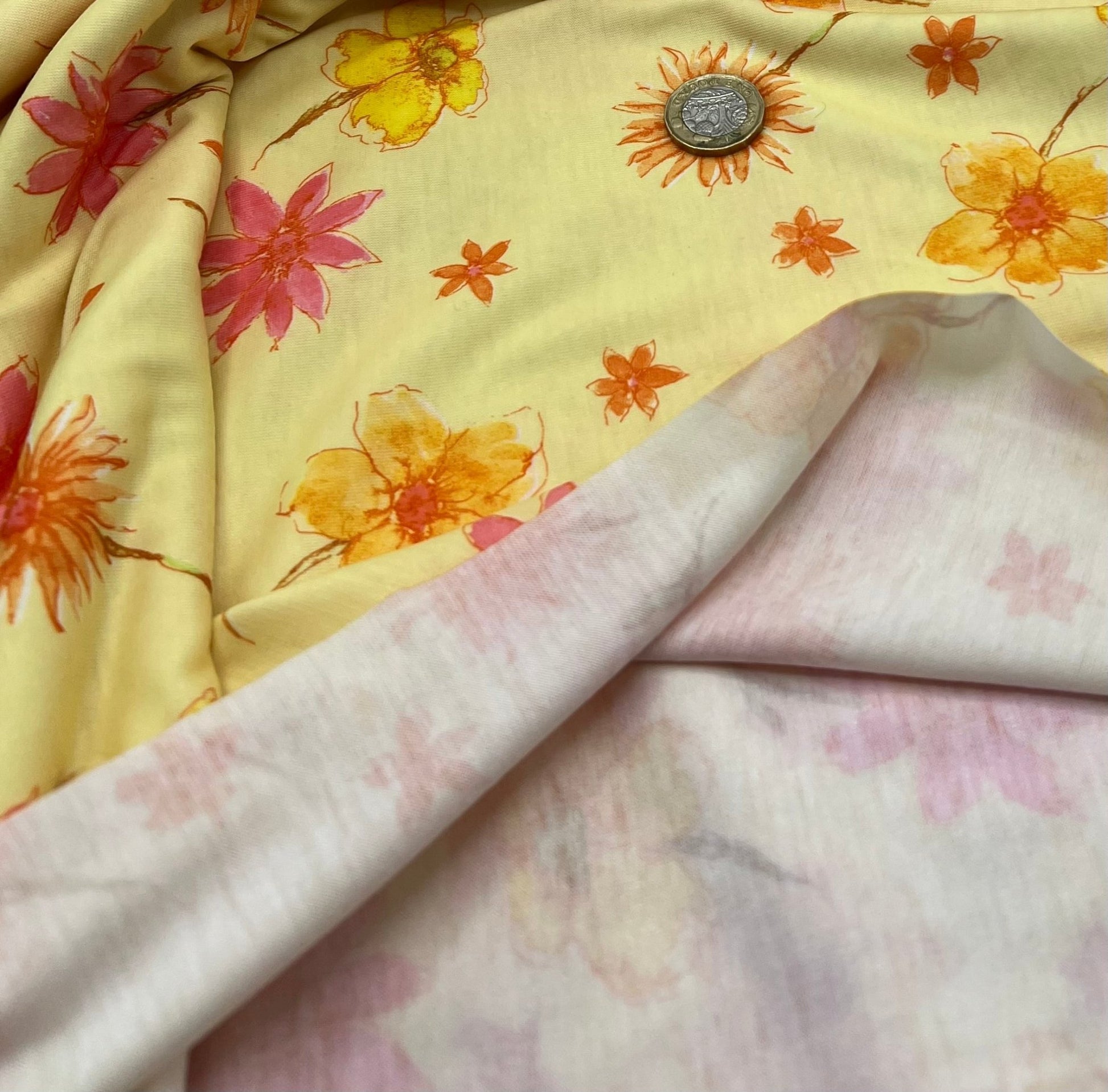 Pale Yellow Floral Print Spun Poly Stretch Fabric - T9 Fabrics