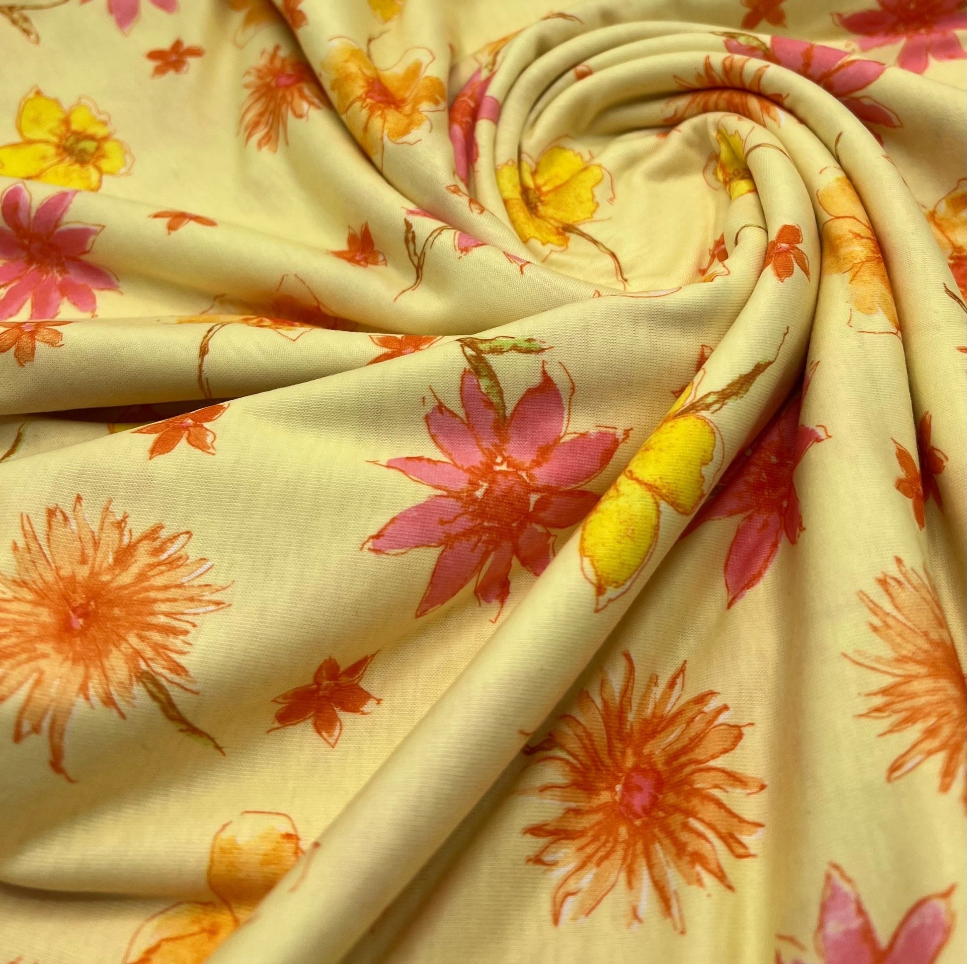 Pale Yellow Floral Print Spun Poly Stretch Fabric - T9 Fabrics