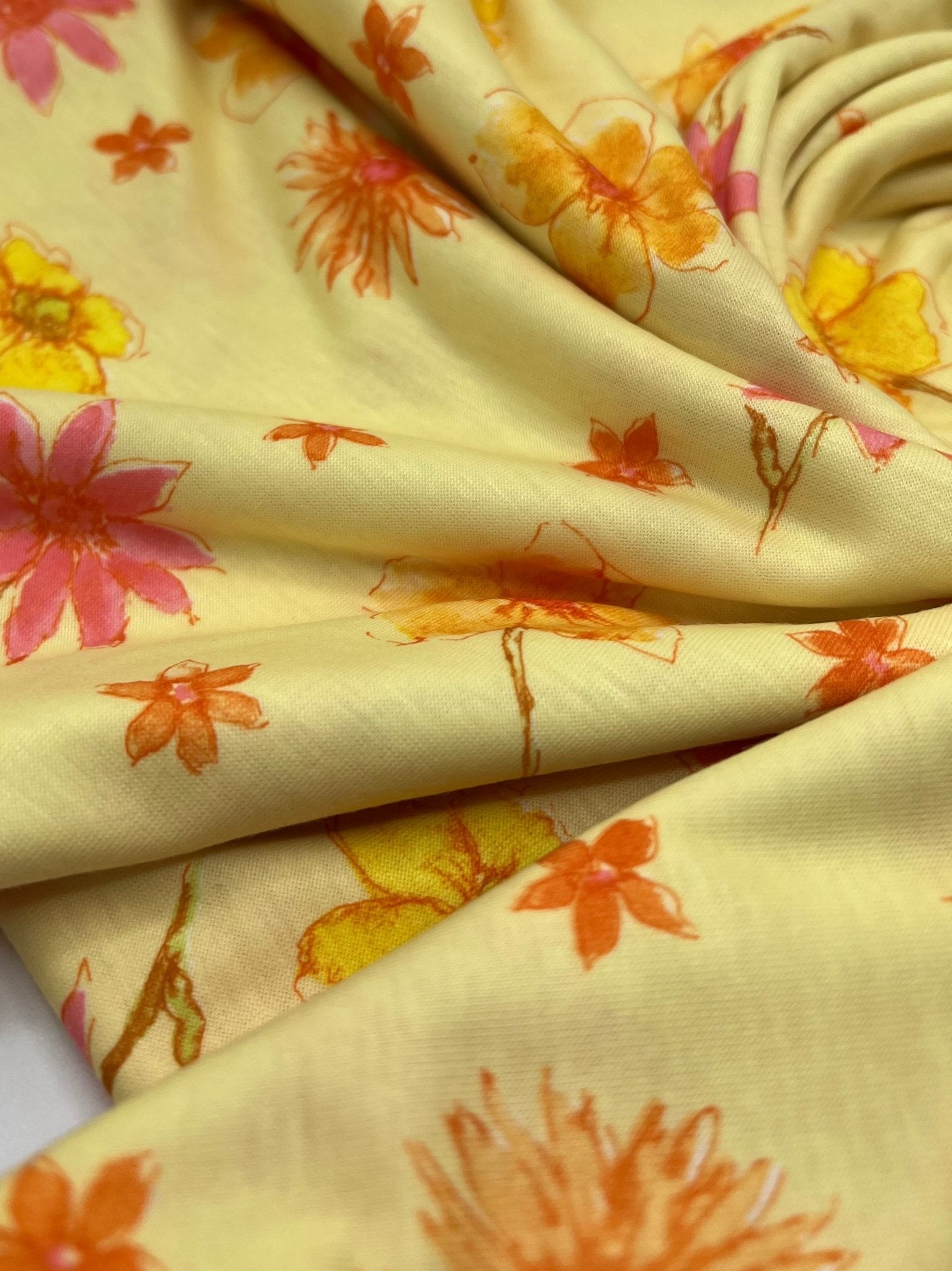 Pale Yellow Floral Print Spun Poly Stretch Fabric - T9 Fabrics