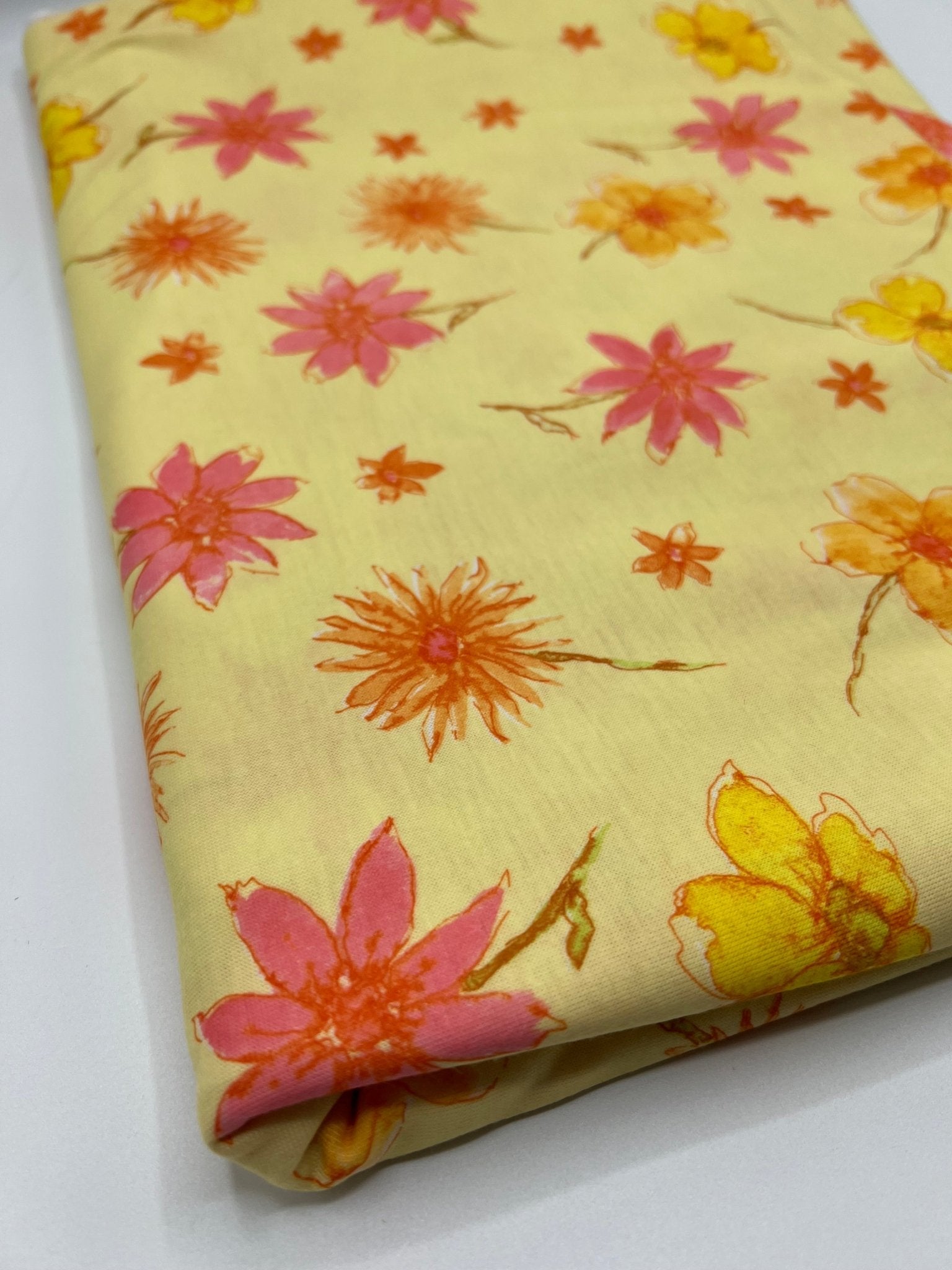 Pale Yellow Floral Print Spun Poly Stretch Fabric - T9 Fabrics