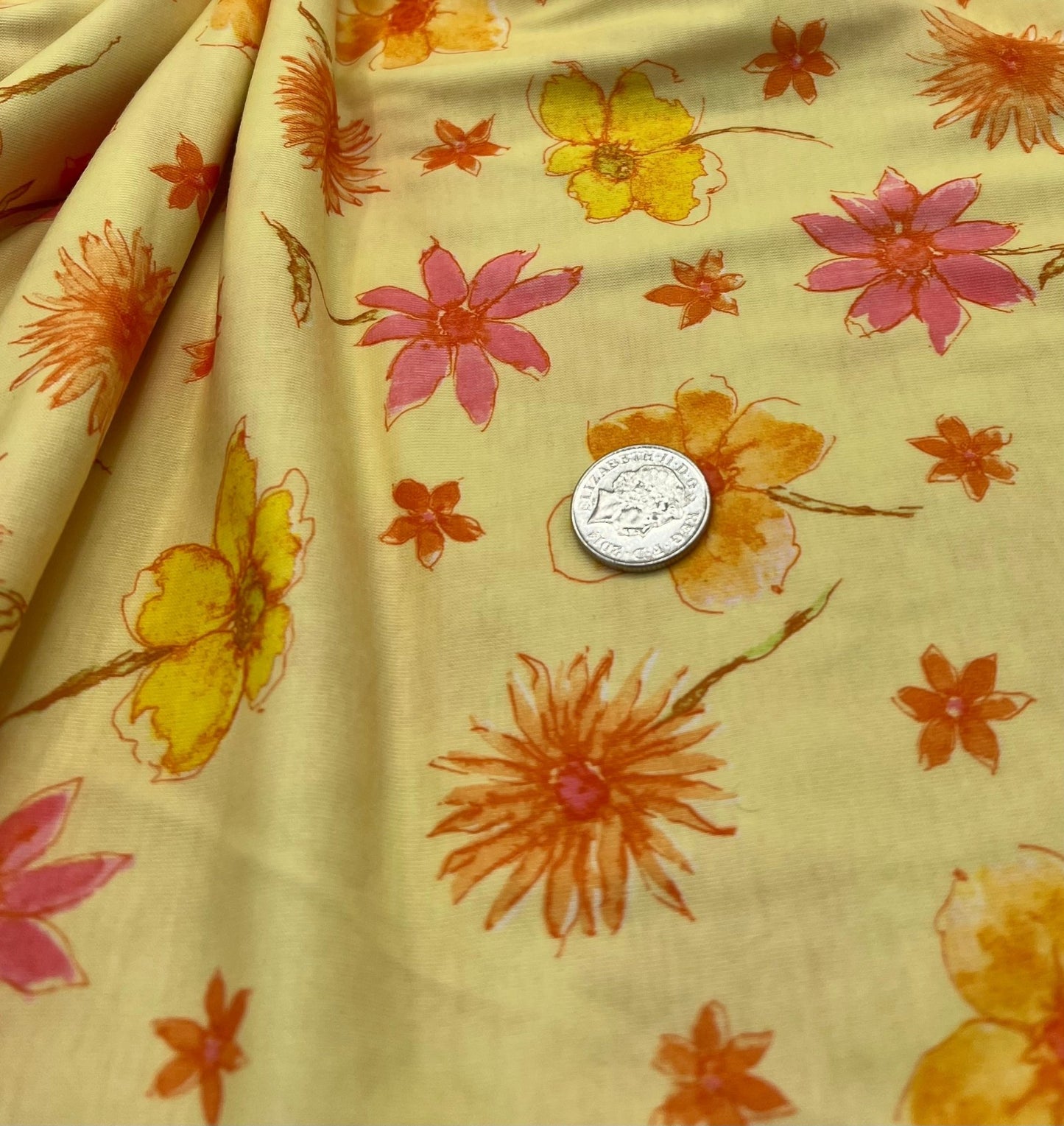 Pale Yellow Floral Print Spun Poly Stretch Fabric - T9 Fabrics