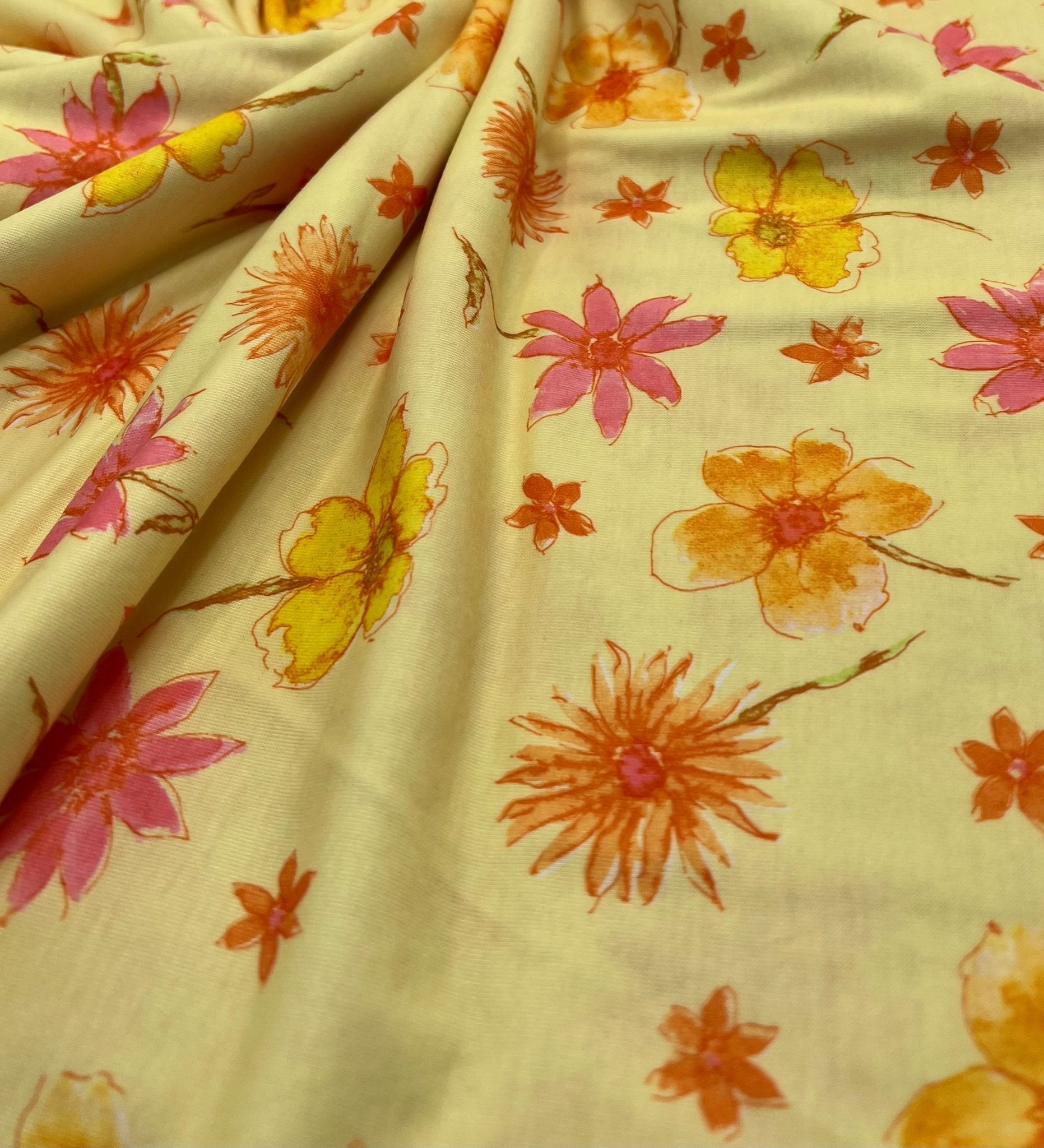 Pale Yellow Floral Print Spun Poly Stretch Fabric - T9 Fabrics