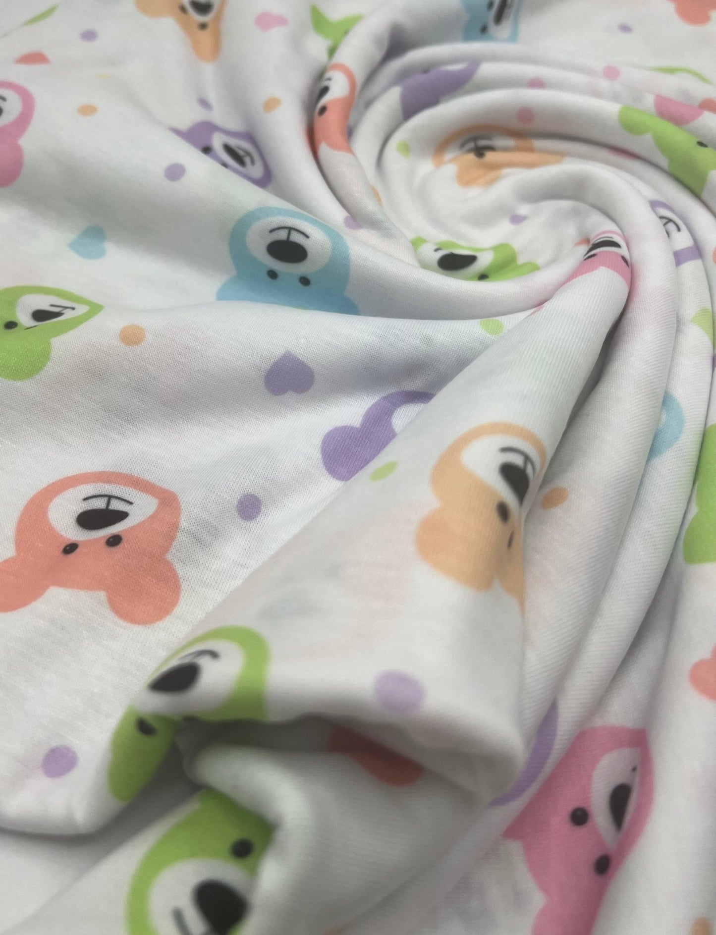 Pastel Colour Bear Faces Print Spun Poly Stretch Fabric - T9 Fabrics