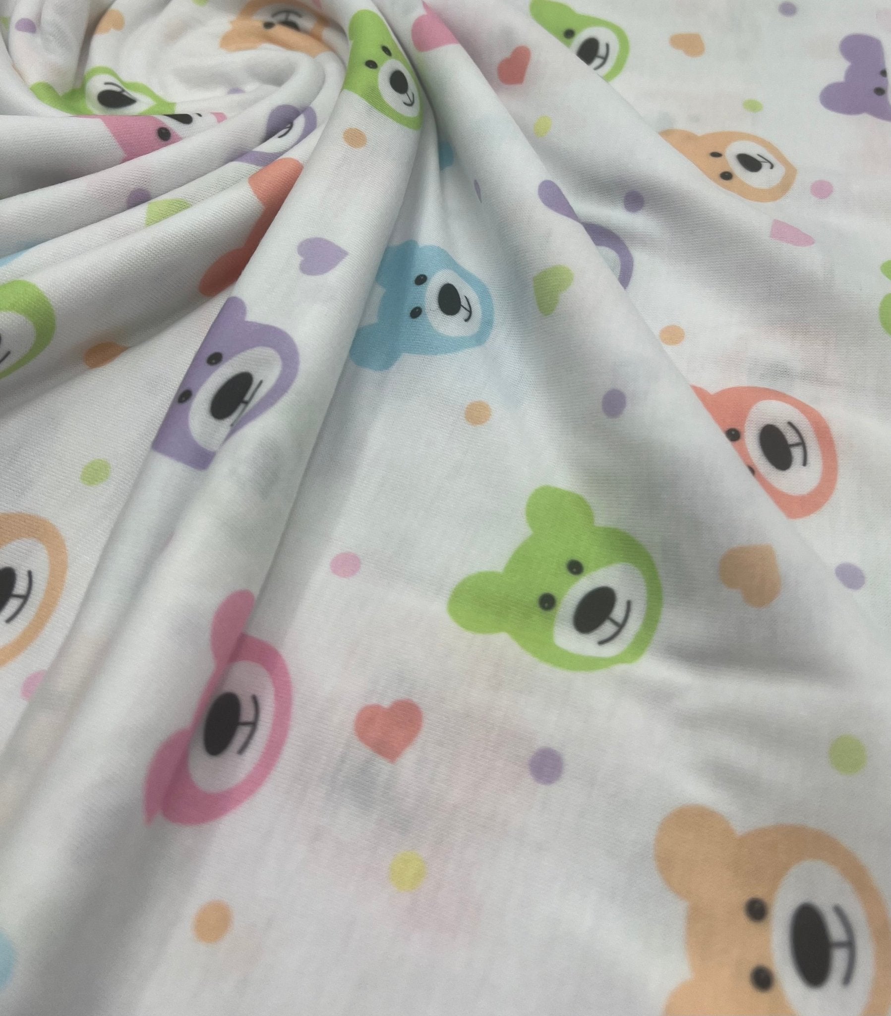 Pastel Colour Bear Faces Print Spun Poly Stretch Fabric - T9 Fabrics