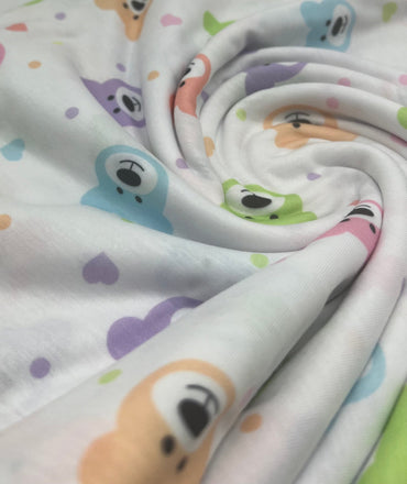 Pastel Colour Bear Faces Print Spun Poly Stretch Fabric - T9 Fabrics