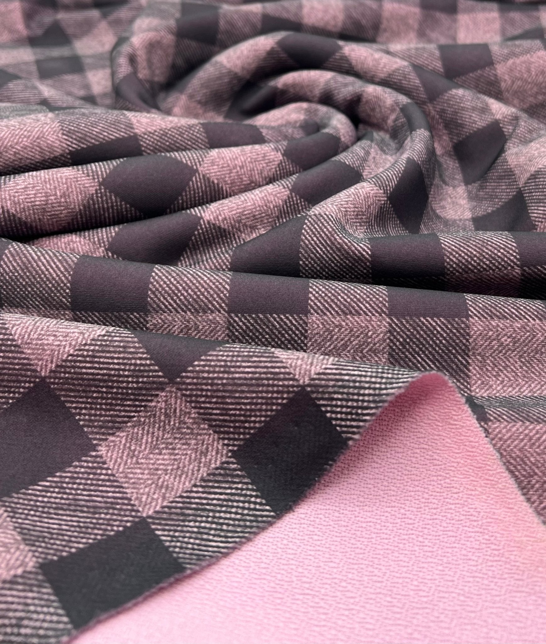 Pink Black Check Printed Plain Scuba 2 Way Stretch Jersey Fabric - T9 Fabrics