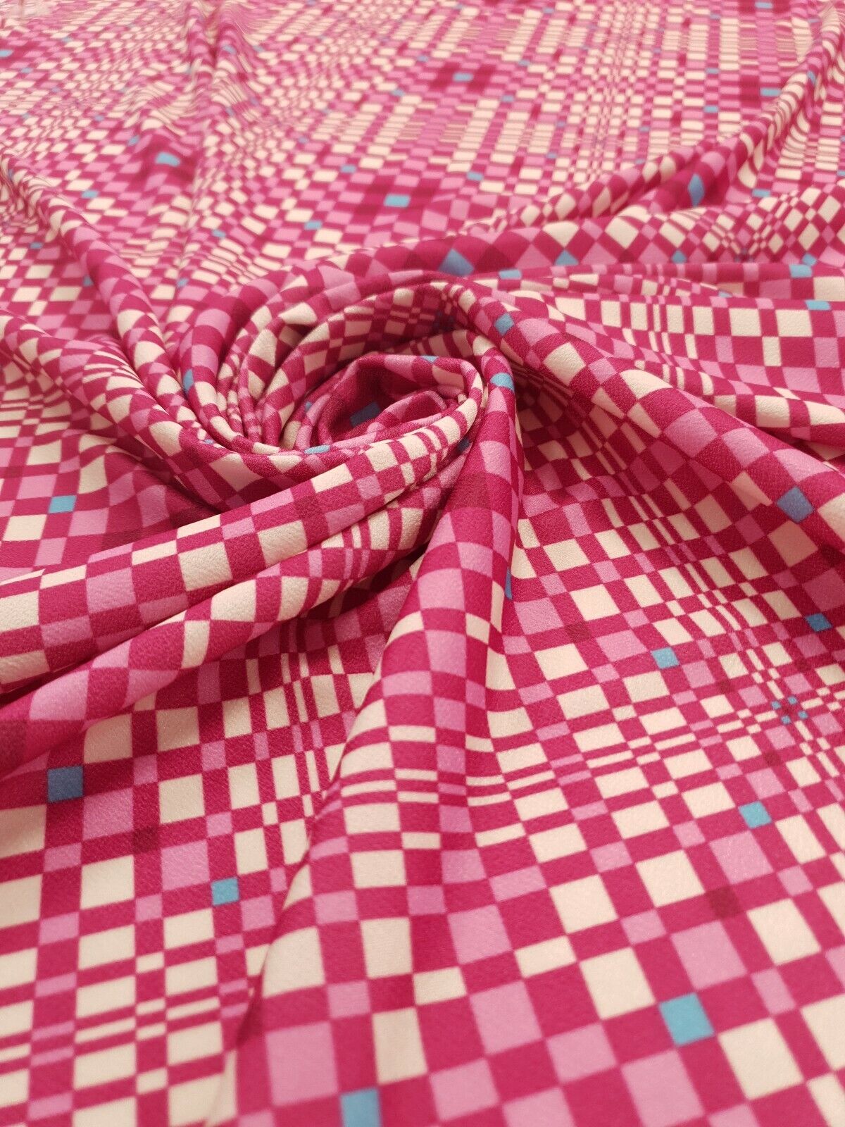 Pink & Blue Squares Print Lightweight Jersey Crepe Fabric 4 Way Stretch - T9 Fabrics