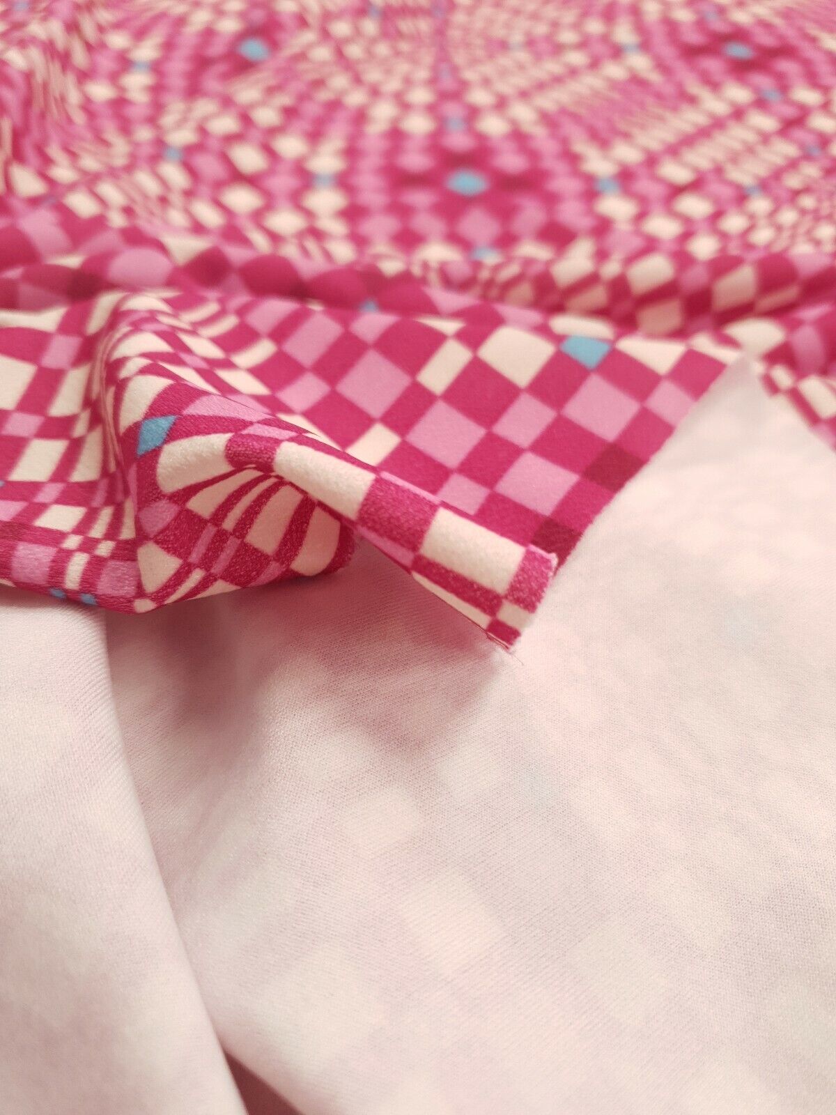 Pink & Blue Squares Print Lightweight Jersey Crepe Fabric 4 Way Stretch - T9 Fabrics