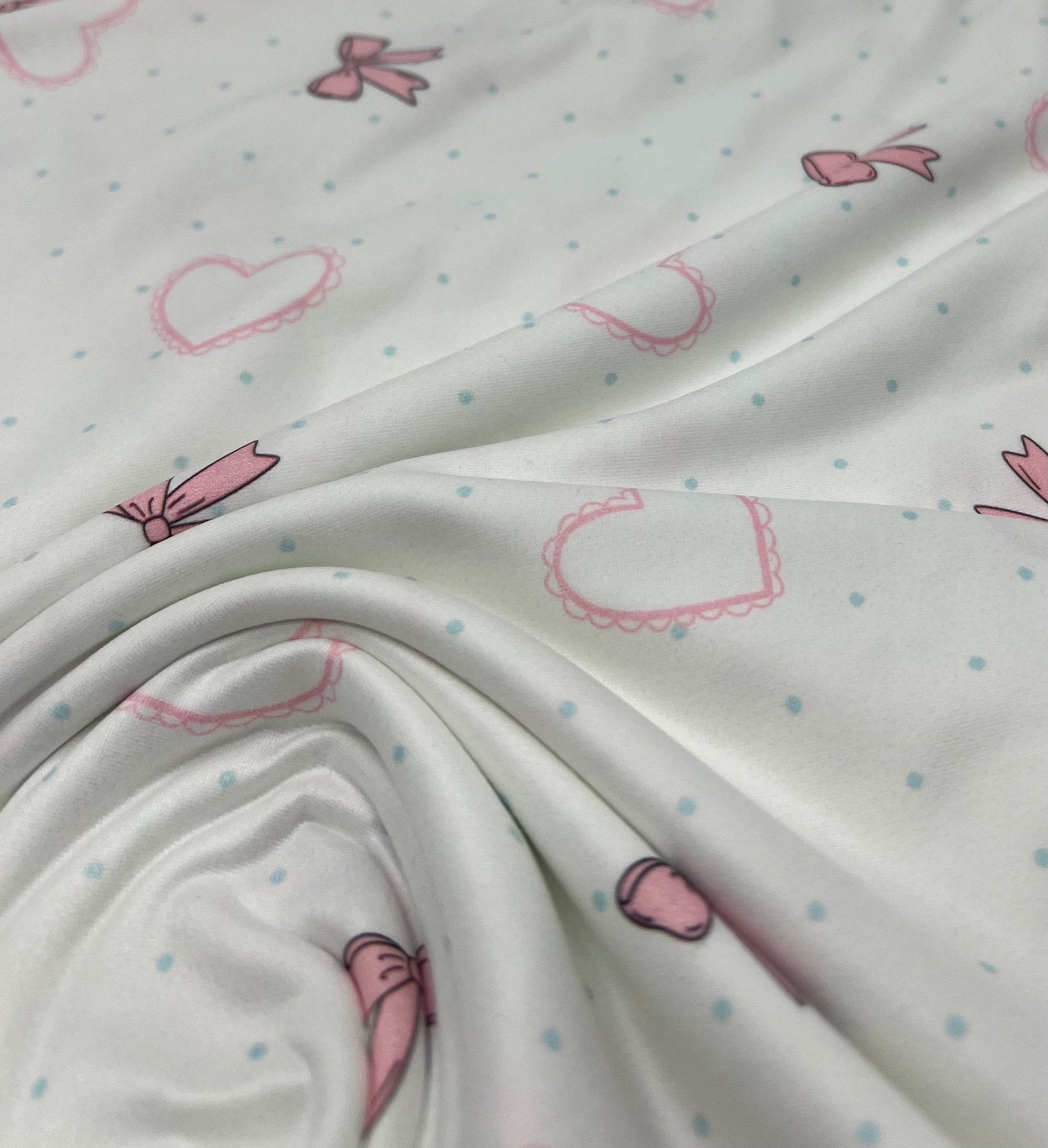 Pink Bow Heart Super Soft Print Spun Poly Stretch Fabric - T9 Fabrics