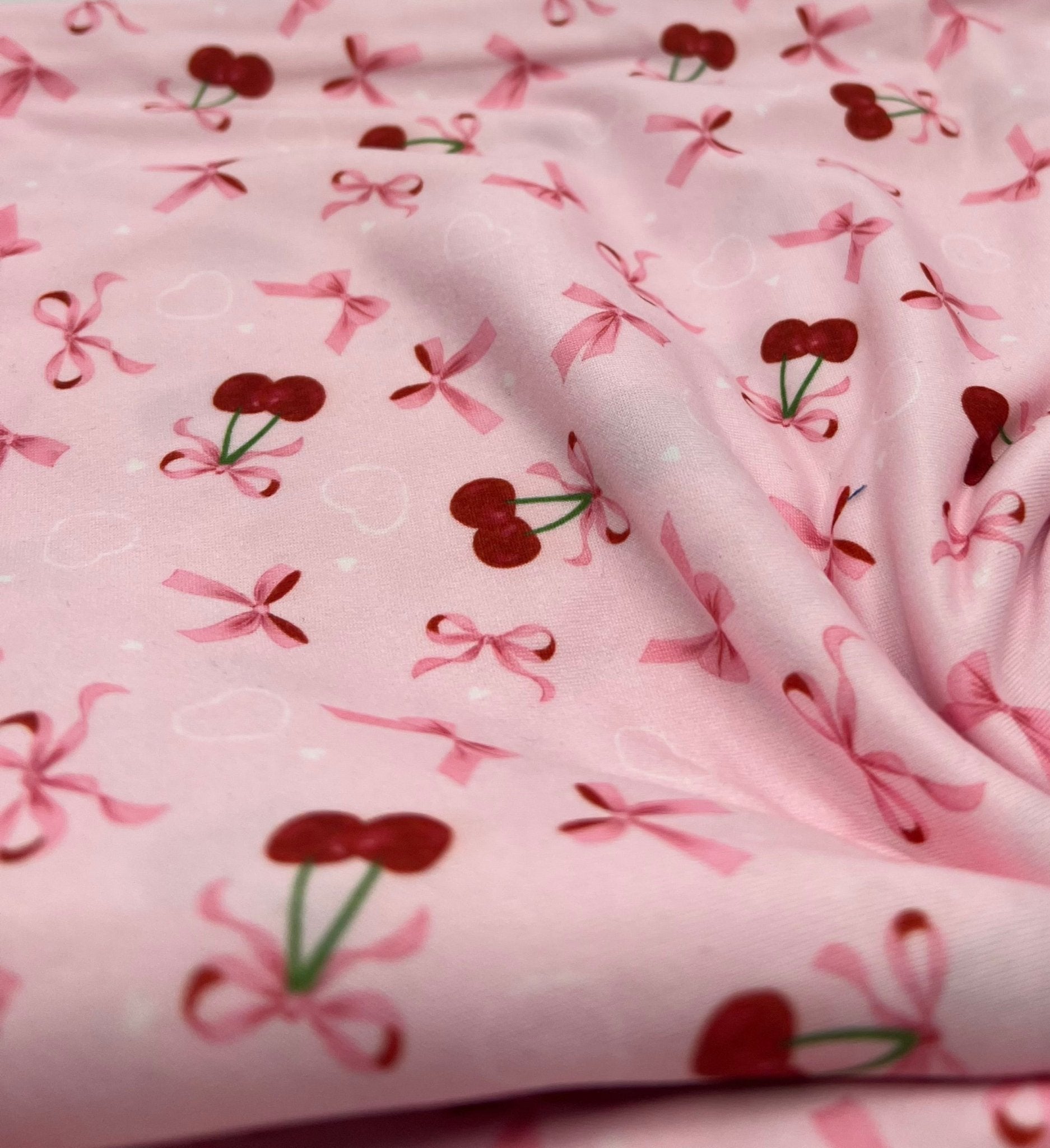 Pink Cherry Bow Super Soft Print Spun Poly Stretch Fabric - T9 Fabrics