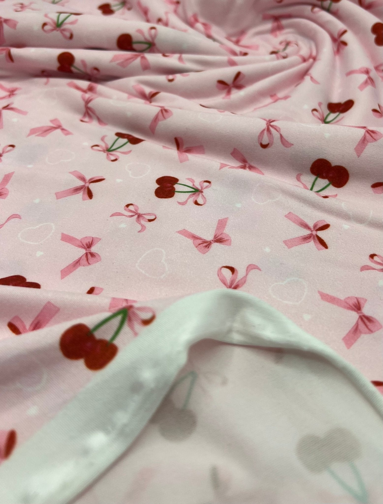 Pink Cherry Bow Super Soft Print Spun Poly Stretch Fabric - T9 Fabrics