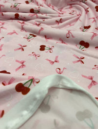 Pink Cherry Bow Super Soft Print Spun Poly Stretch Fabric - T9 Fabrics
